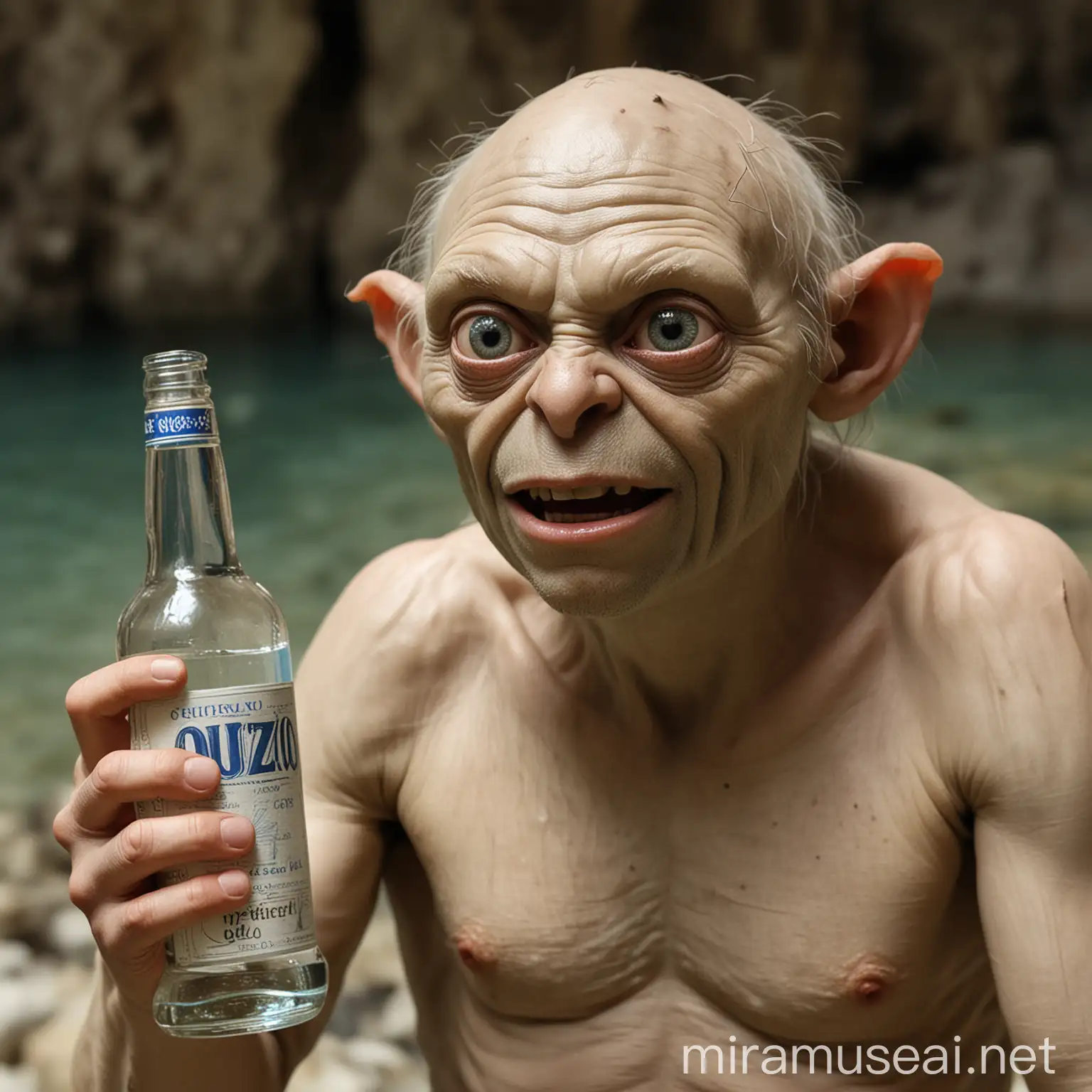 Golum holding a bottle of ouzo and saying "my precious"