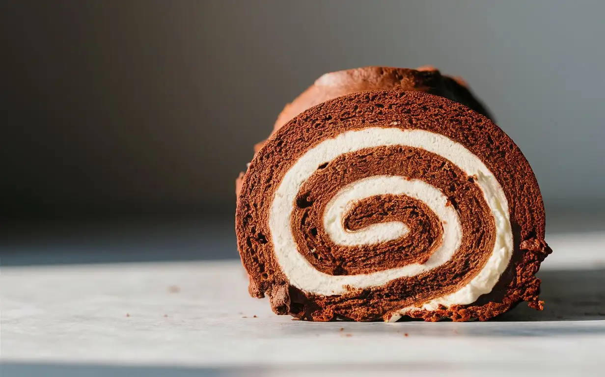 One chocolate cream Swiss roll, minimal background, magazine photography style, natural light, prime time shooting.，Delicious Food Photography，shot with CanonEOS 5D MarkIV DSLR