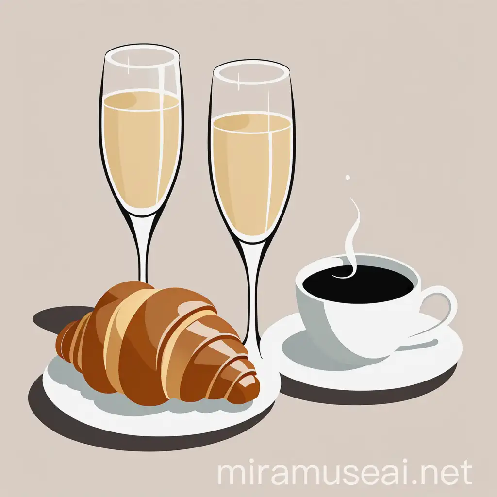 шампанское, чашка кофе, круассан, векторная иллюстрация, минимализм