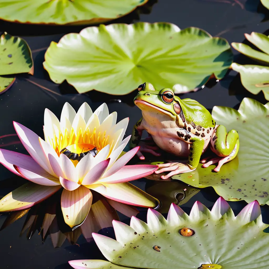 Frog-Resting-on-a-Blooming-Water-Lily-in-a-Serene-Pond-Setting