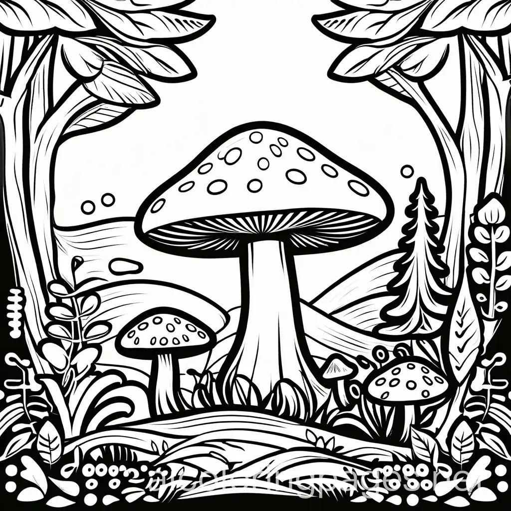 Black and white fairy mushroom in forest coloring page, Coloring Page, black and white, line art, white background, Simplicity, Ample White Space. The background of the coloring page is plain white to make it easy for young children to color within the lines. The outlines of all the subjects are easy to distinguish, making it simple for kids to color without too much difficulty