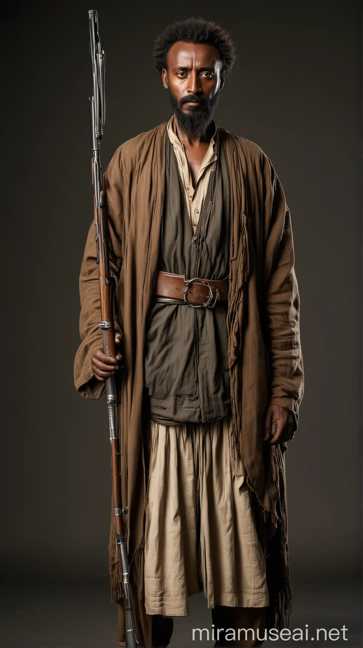 A strong Ethiopian  warrior, ageing,  low cut hair, full face beard, well groomed,  middle aged man, warrior, wearing a long clothing, standing with a rifle, very dark skin, full portrait 