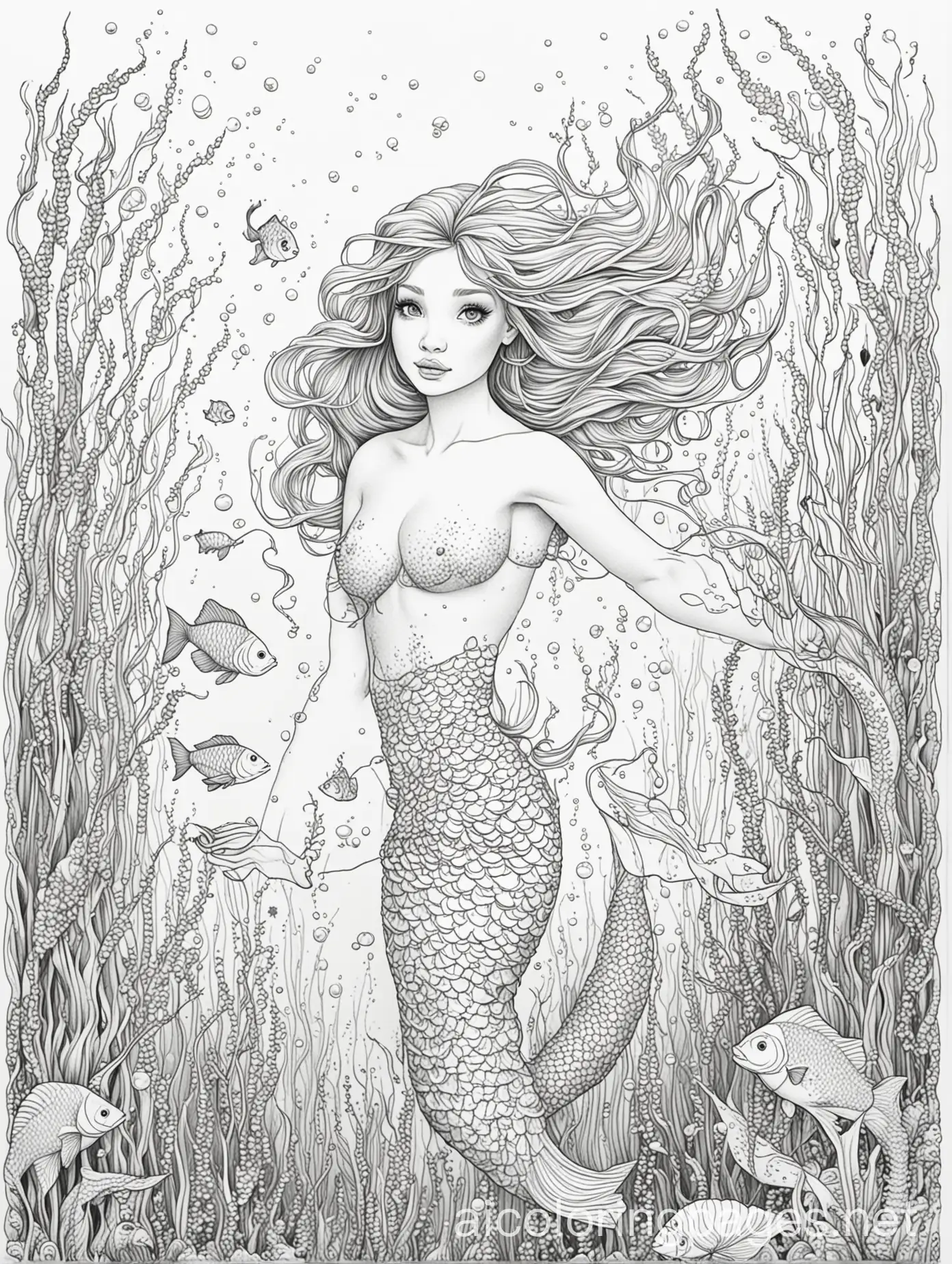 mermaid swimming through seaweed with fish, Coloring Page, black and white, line art, white background, Simplicity, Ample White Space. The background of the coloring page is plain white to make it easy for young children to color within the lines. The outlines of all the subjects are easy to distinguish, making it simple for kids to color without too much difficulty