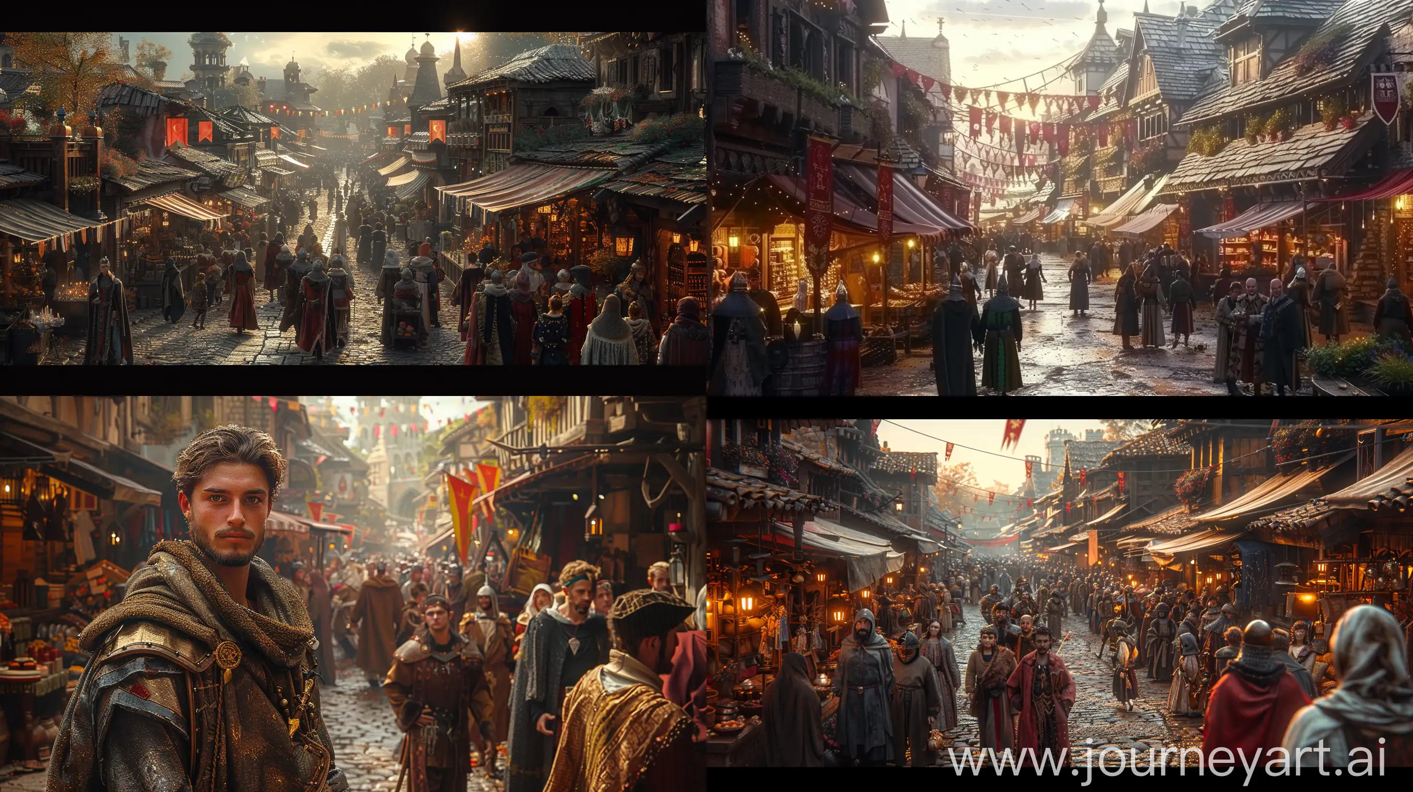 Charming-Medieval-City-Shopping-Street-with-Festive-Atmosphere-at-Sunset