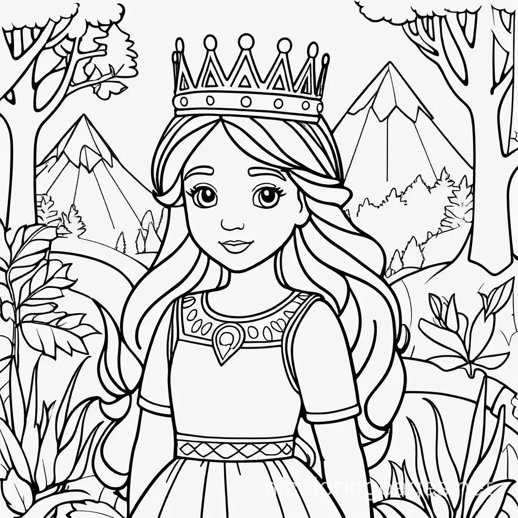 a nature-loving princess, wearing a crown, who explores the wilderness, bold lines, zoom out, Coloring Page, black and white, line art, white background, Simplicity, Ample White Space. The background of the coloring page is plain white to make it easy for young children to color within the lines. The outlines of all the subjects are easy to distinguish, making it simple for kids to color without too much difficulty