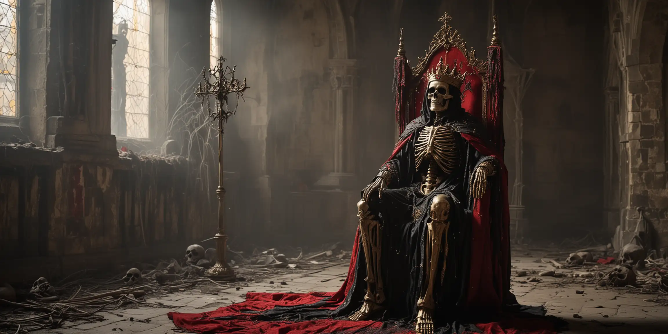 Skeleton king. Old church, black and red padded throne, robe, gold drip, cobwebs, old, dusty. 