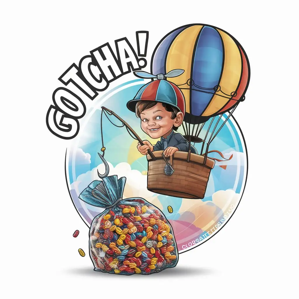 a logo design,with the text 'gotcha!', main symbol:A little boy wearing a propeller hat, in a big hot air balloon. He is using the hot air balloon to steal a large bag of candy on the ground with a fishing rod and hook.,complex,clear background