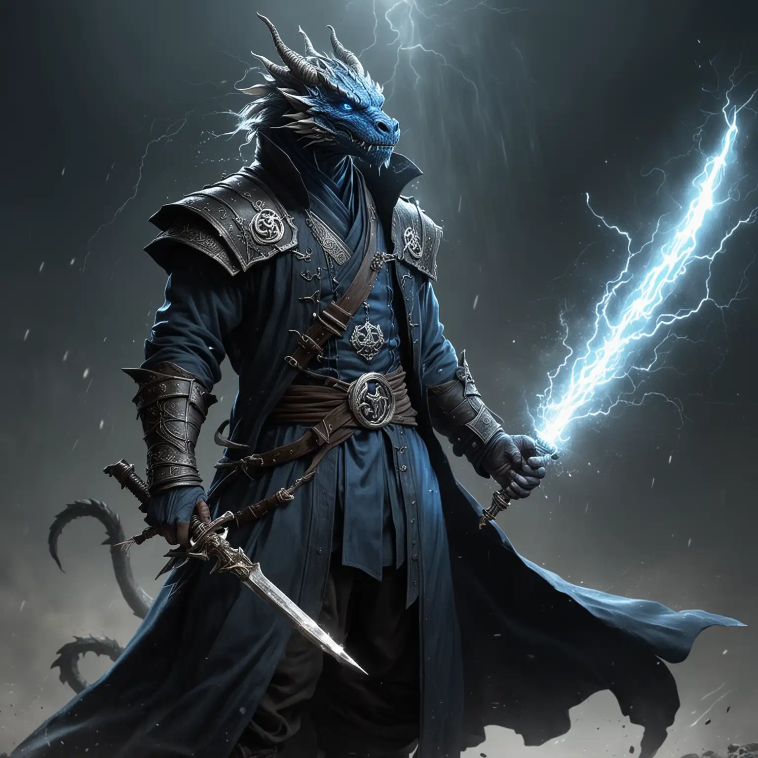 Dragonborn Monk in Black Duster Coat Manipulating Lightning with Crystal Short Sword