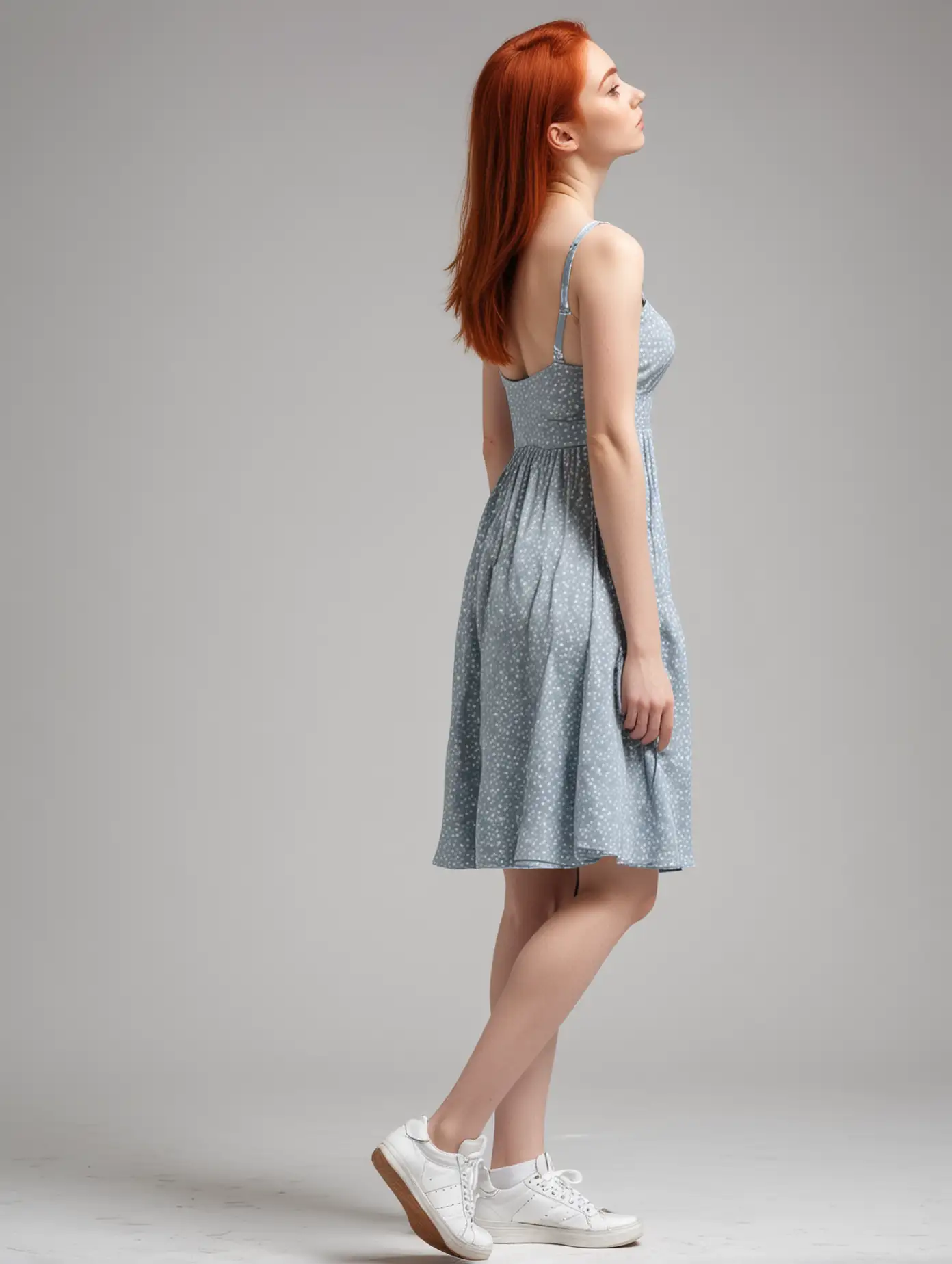 RedHaired-Woman-Standing-in-Dress-and-Sneakers