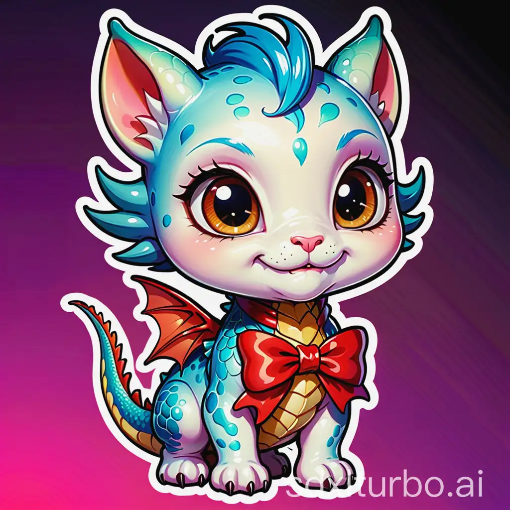The dragon is depicted in a "chibi" style with big eyes and a cute smile. A red bow hangs around its neck. The sticker's background is bright and colorful, adding extra playfulness and a cheerful mood to the image.