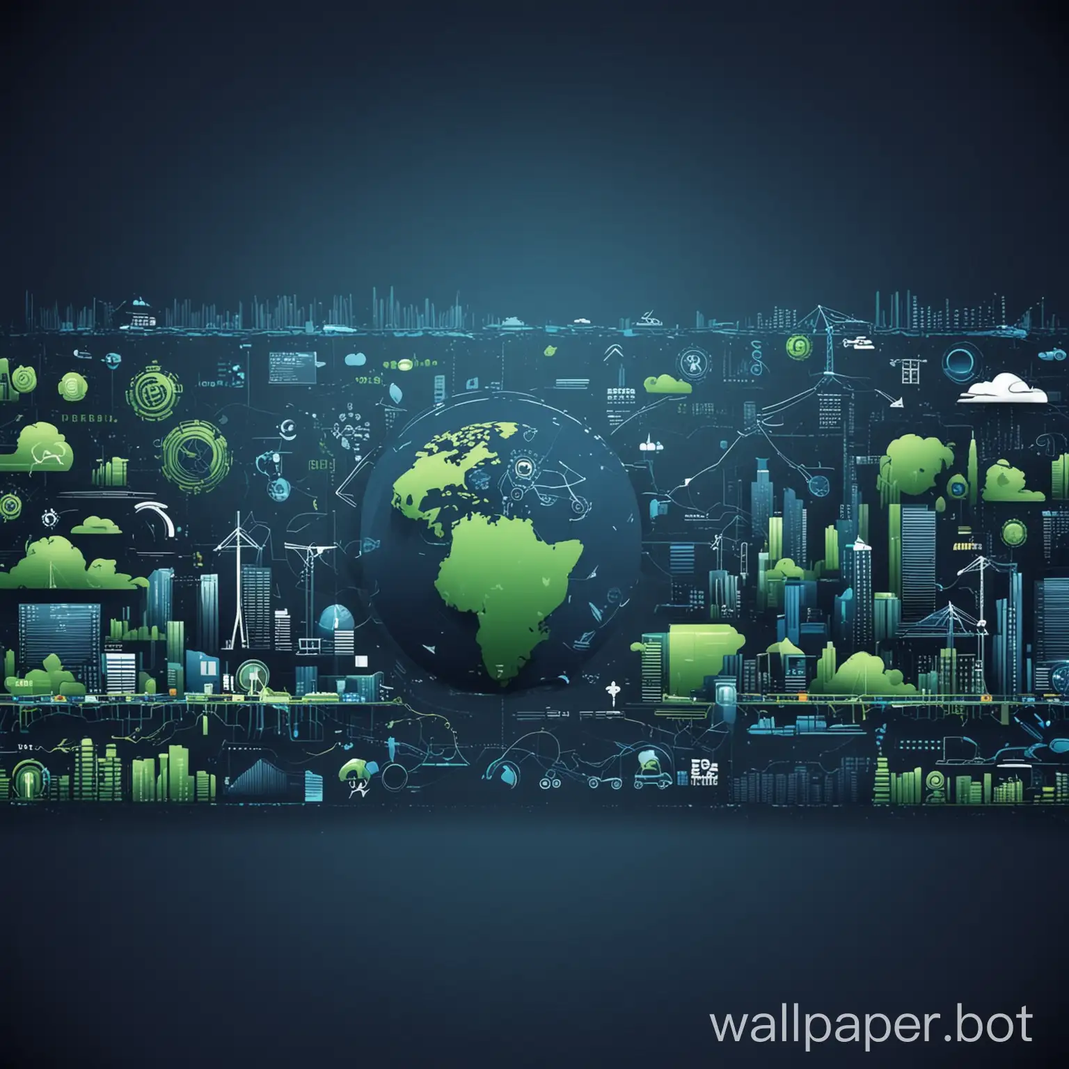 illustration wallpaper for business presentation background using dark blue theme, related to green economy, digitalization, and infrastructure