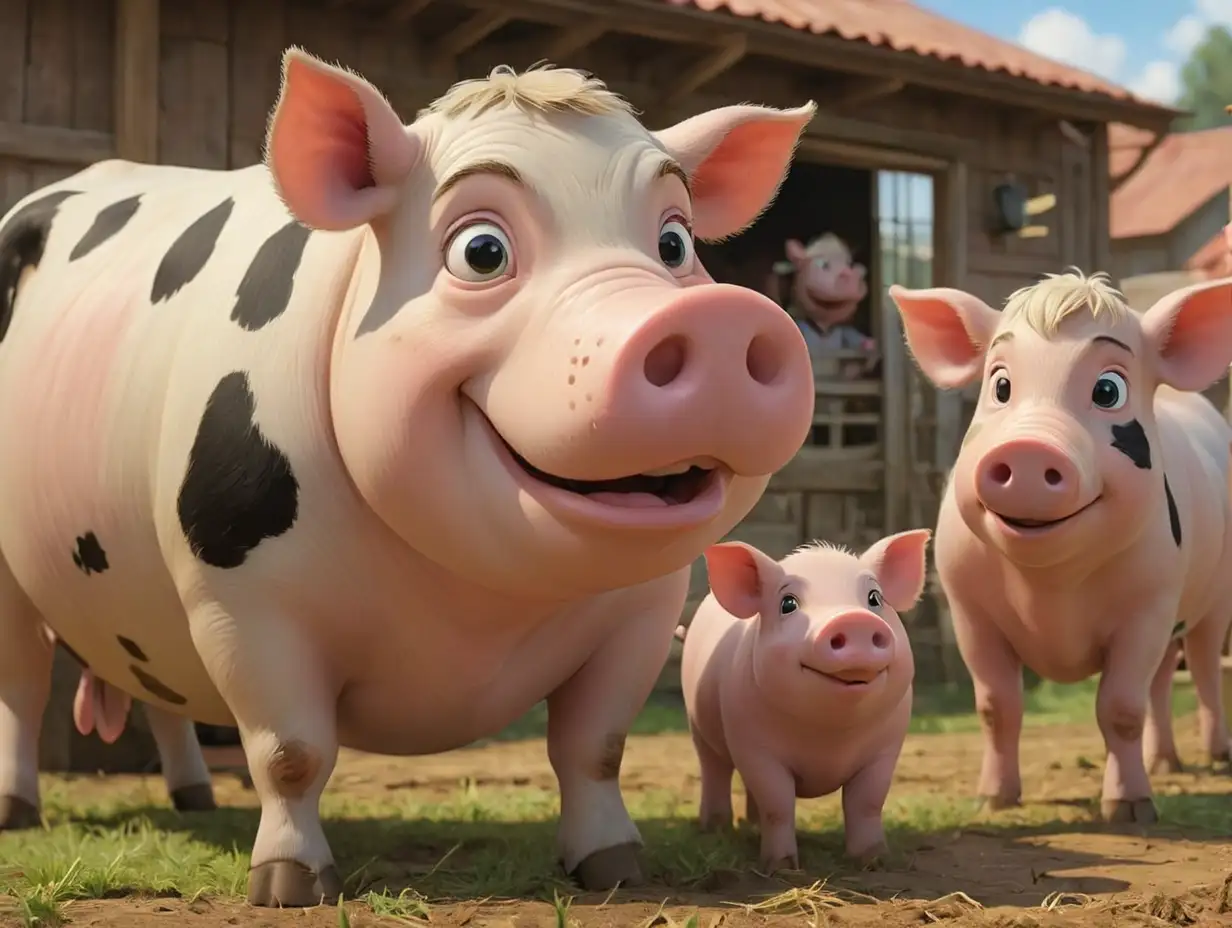 cow talking a pig, background farm, 3d disney inspire