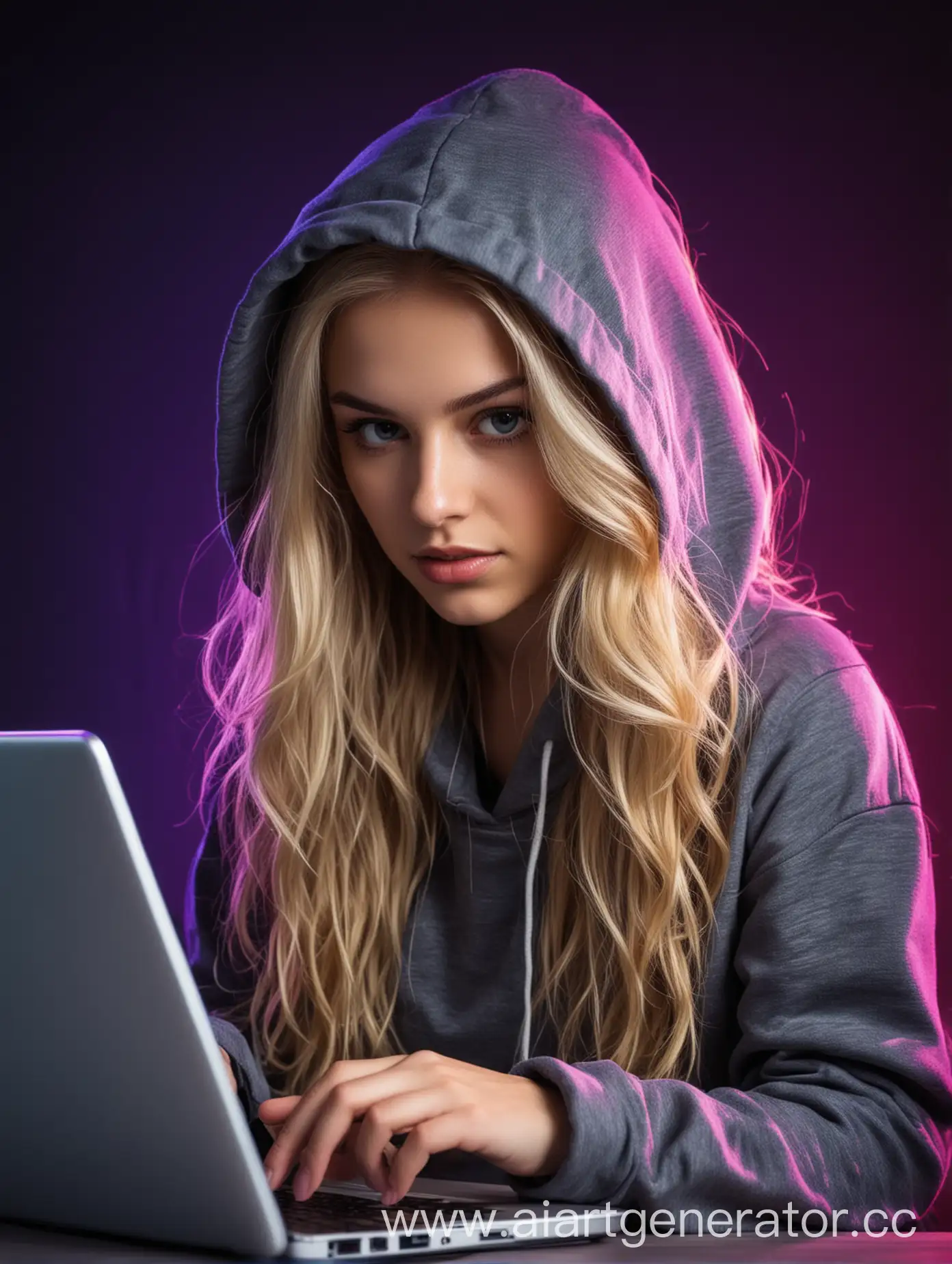 девушка хакер в капюшоне, длинные волнистые русые волосы, перед девушкой ноутбук, на фоне неоновые пиксели