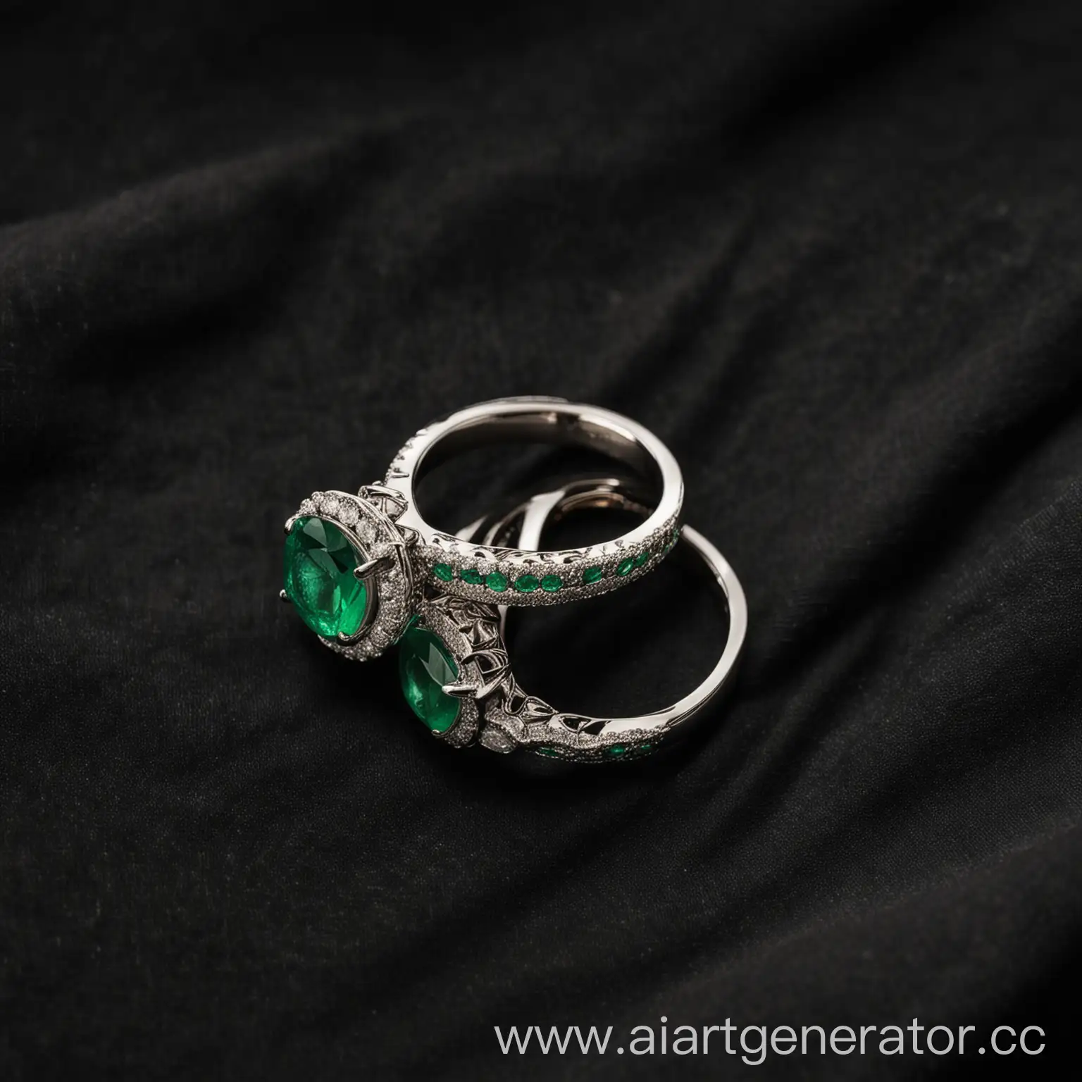 Два обручальных кольца с изумрудными камнями на черной ткани