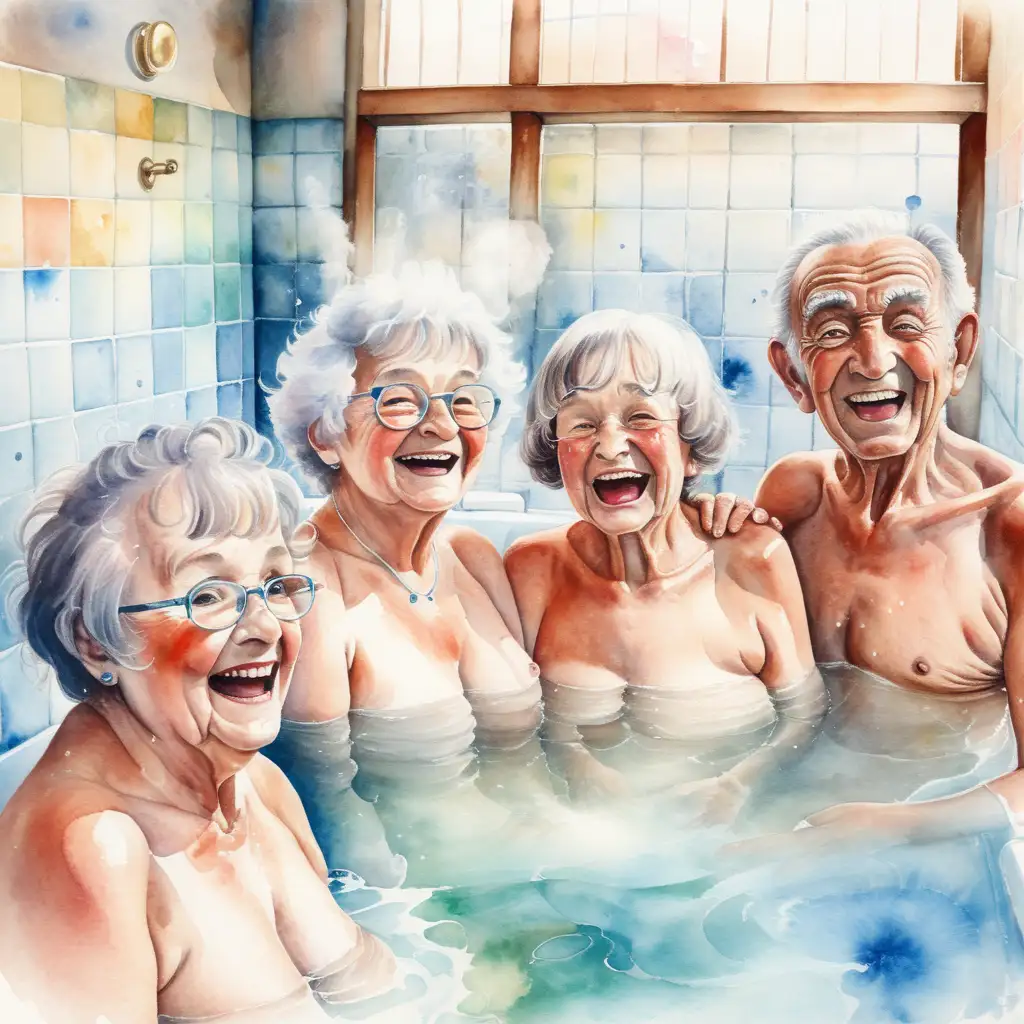 Joyful Elderly Friends Enjoying a Day at the Bathhouse in Watercolor Style