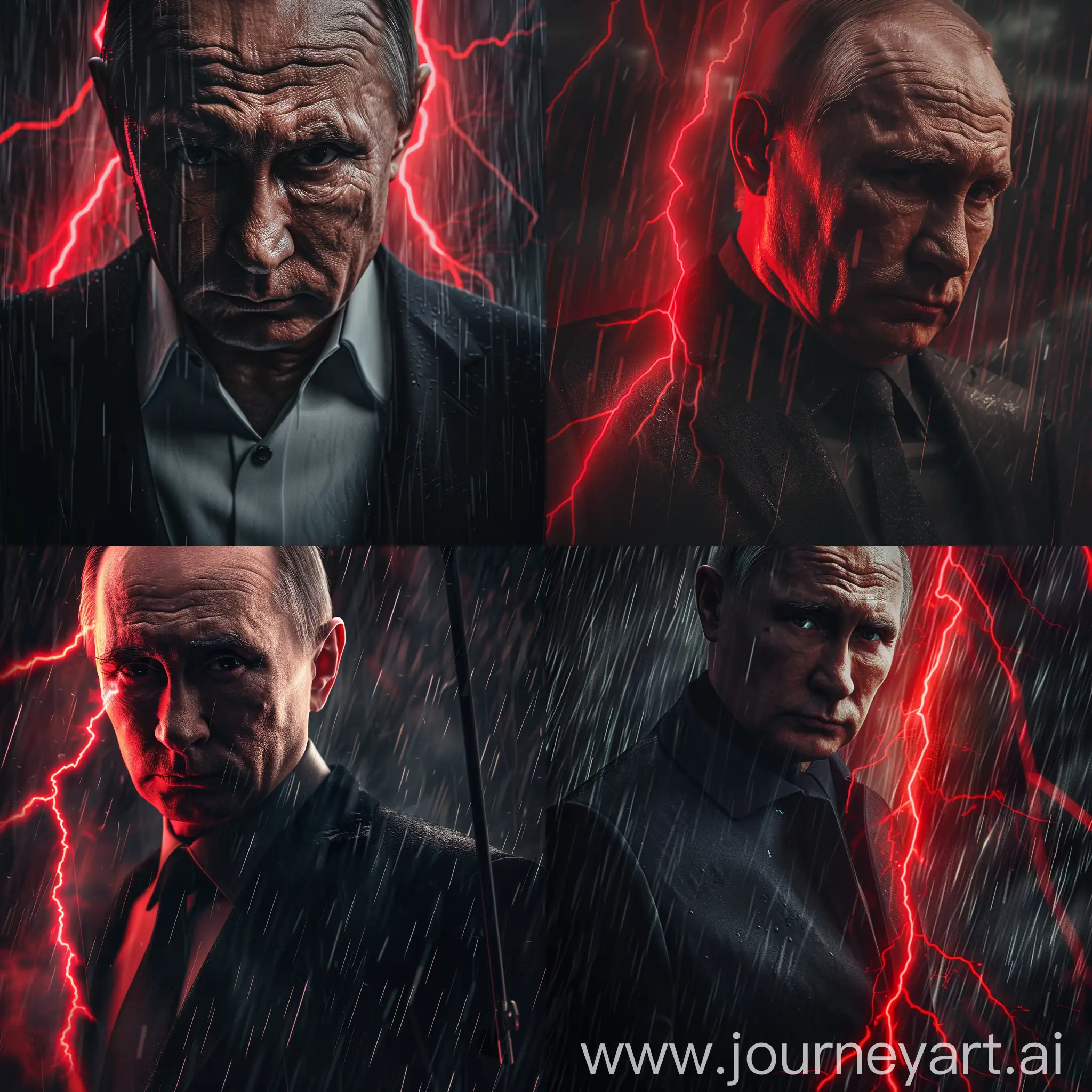 Владимир Путин, в черном деловом костюме, стиль грозный, красные молнии, дождливая погода, крупный план, острый фокус, гипер реализм, максимум деталей, 8к, профессиональное освещение