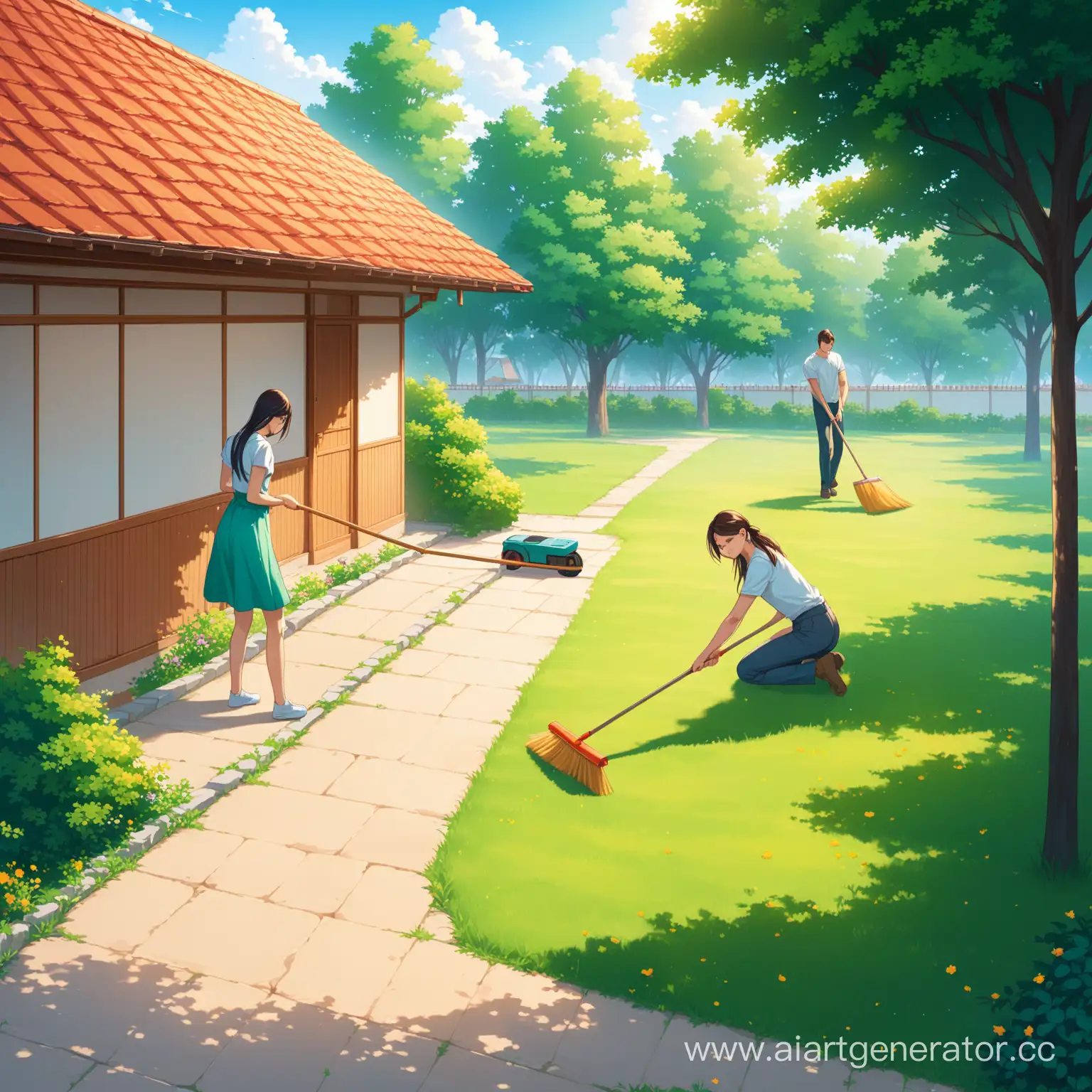 Relaxing-Girl-and-Sweeping-Guy-in-the-Tranquil-Yard