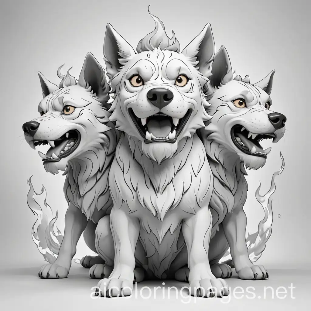 three-headed dog cerberus with fire, Coloring Page, black and white, line art, white background, Simplicity, Ample White Space. The background of the coloring page is plain white to make it easy for young children to color within the lines. The outlines of all the subjects are easy to distinguish, making it simple for kids to color without too much difficulty