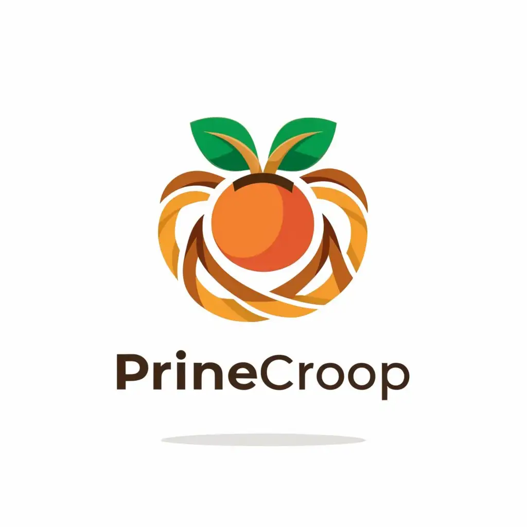 a logo design,with the text "PRIMECROP", main symbol:Leafs and A peach integrates in The Logo name 'PRIMECROP' creatively, leaves and peach mix in the logo name,.,complex,be used in Others industry,clear background