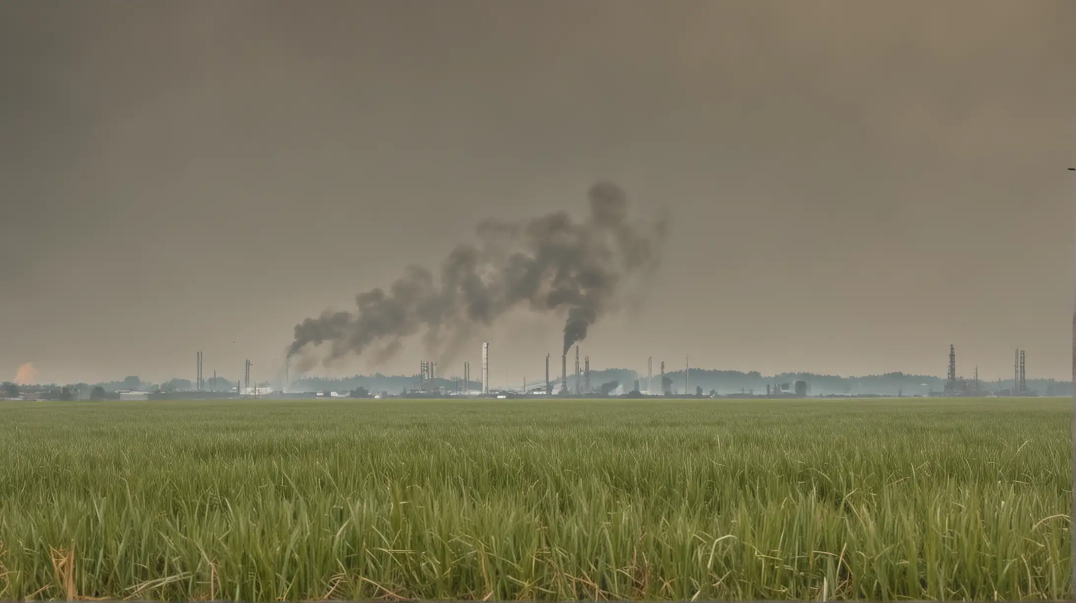 Expansive Grass Field with Distant Industrial Smoke