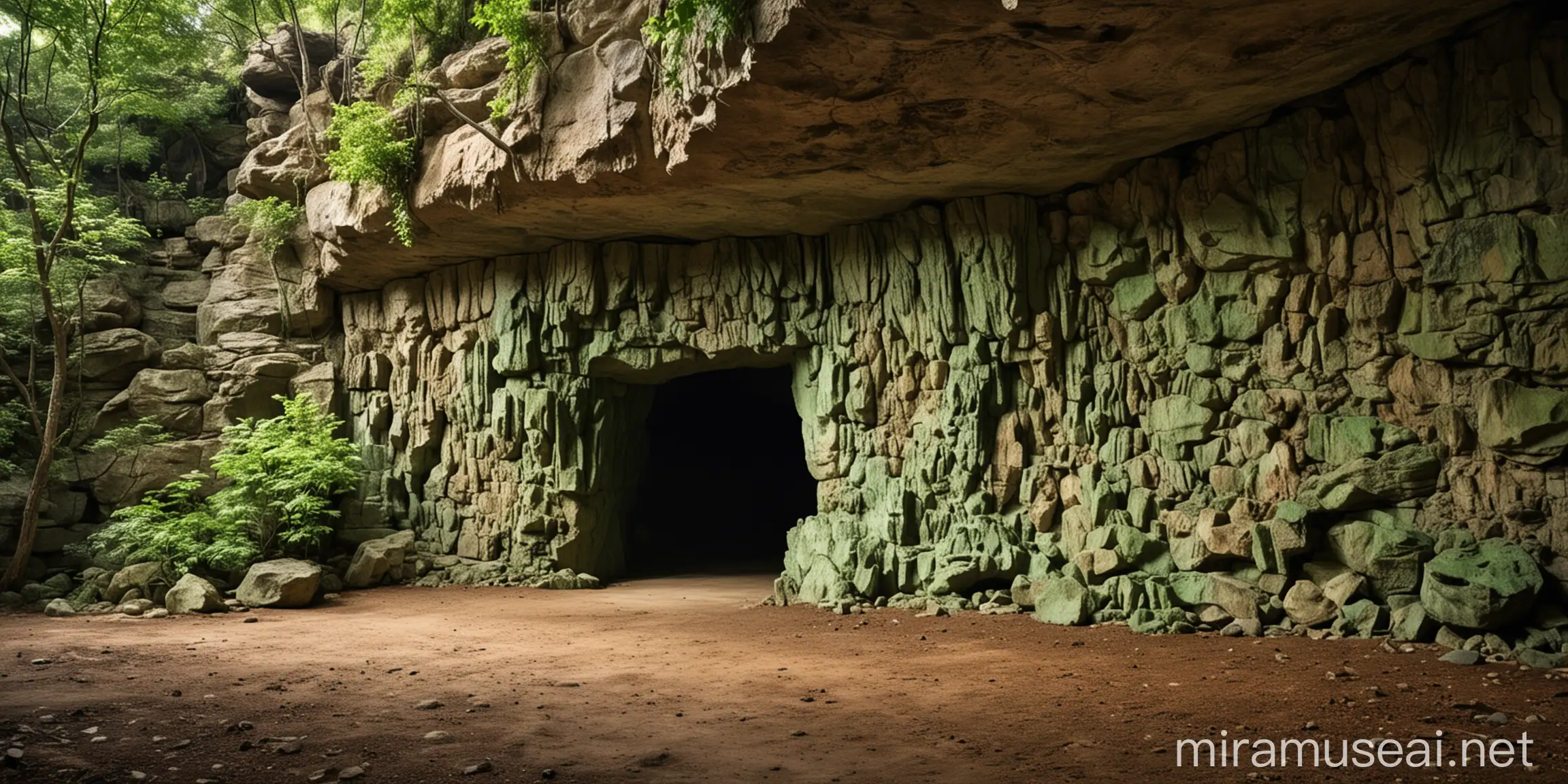 Mystical GreenRock Cave Surrounded by Enchanted Forest