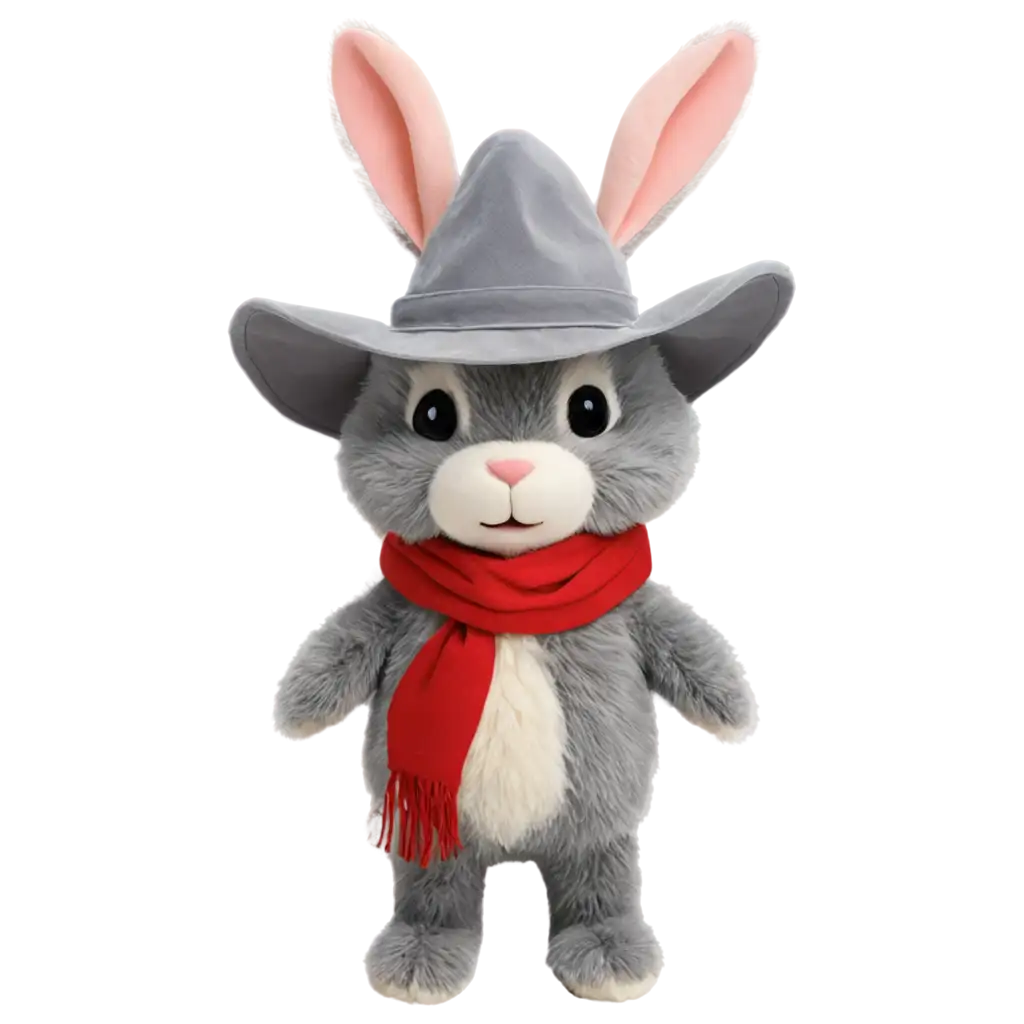Create an image of a gray plush bunny with pronounced buck teeth. The bunny is wearing a beige cowboy hat and a red bandana. It should have an adorable appearance and be shown in full body, displaying its cotton tail. The bunny's expression should convey joy and happiness, with a long but not overly long plush texture.