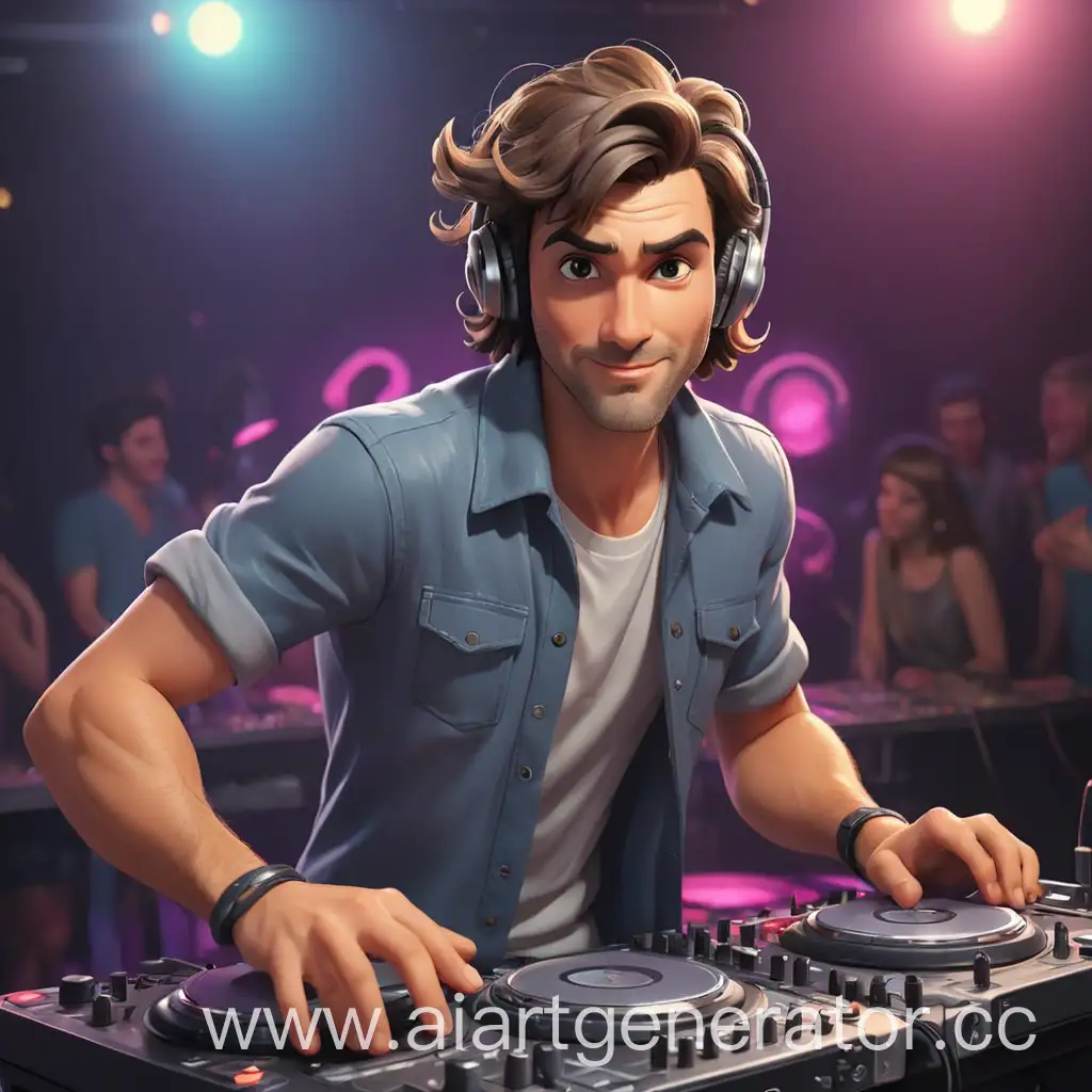 мультяшный привлекательный мужчина диджей на дискотеке показывает рукой рок