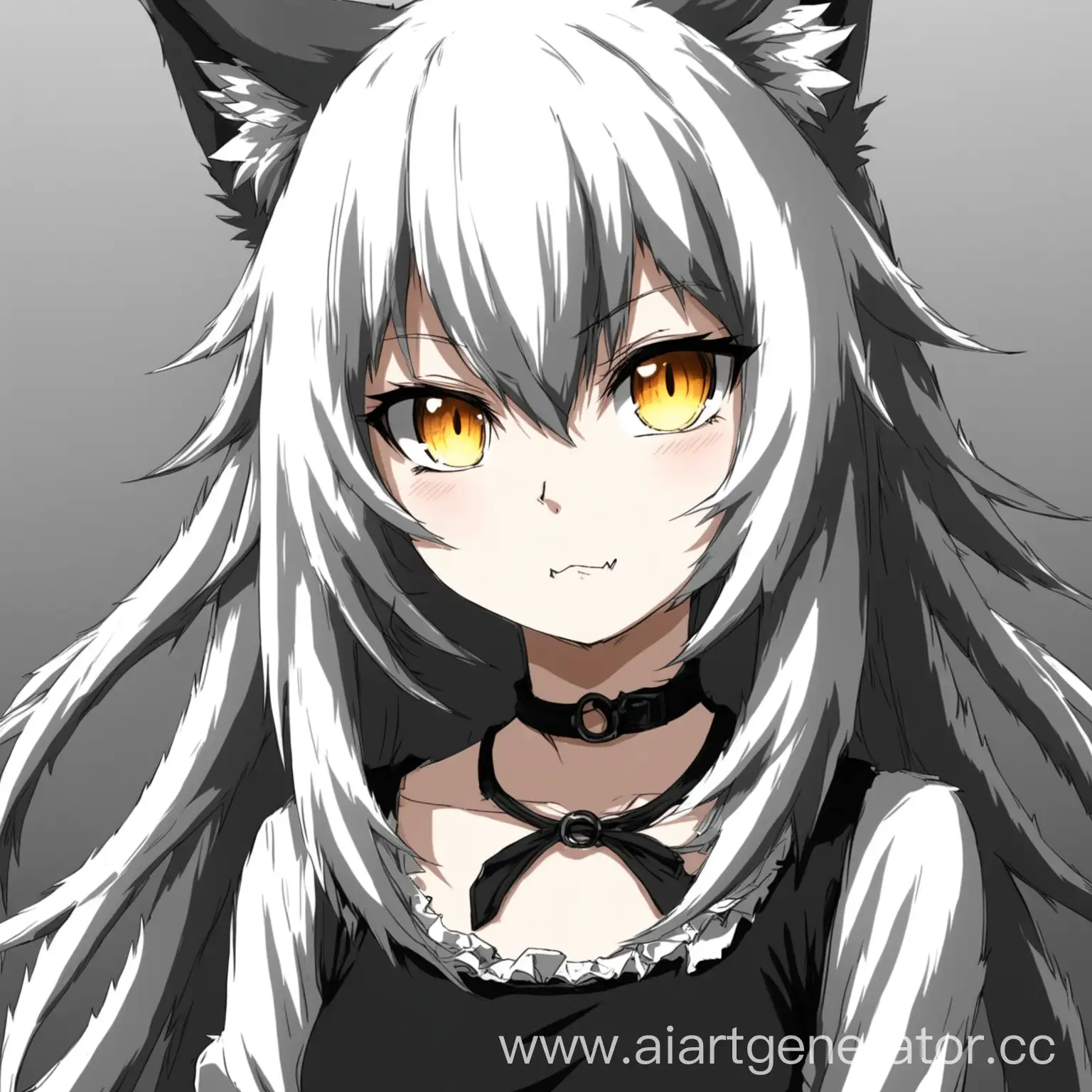 anime, catgirl, black, white, wolfgirl