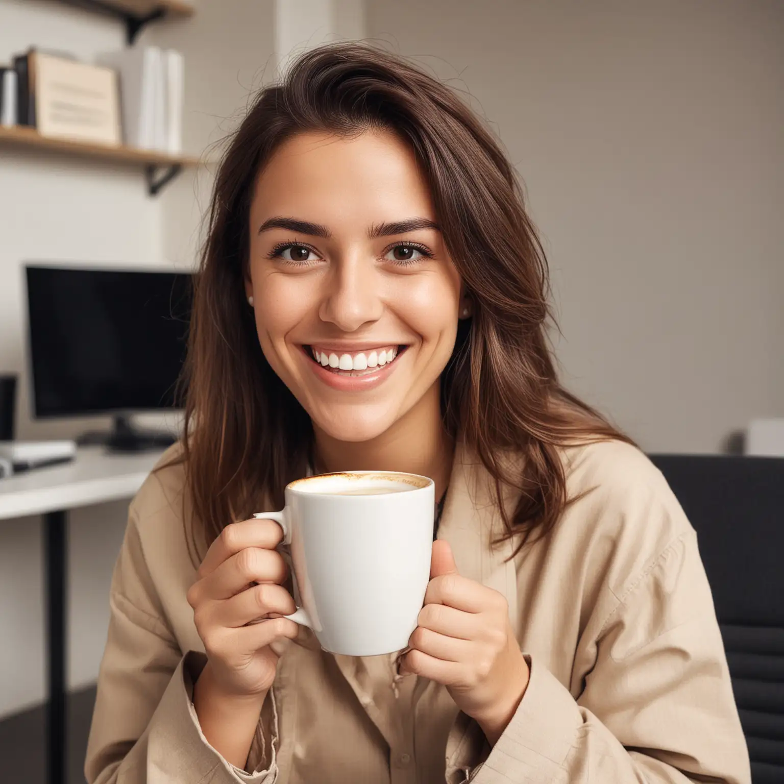 Show me an image of someone happy for having a cup of coffee at the office 

