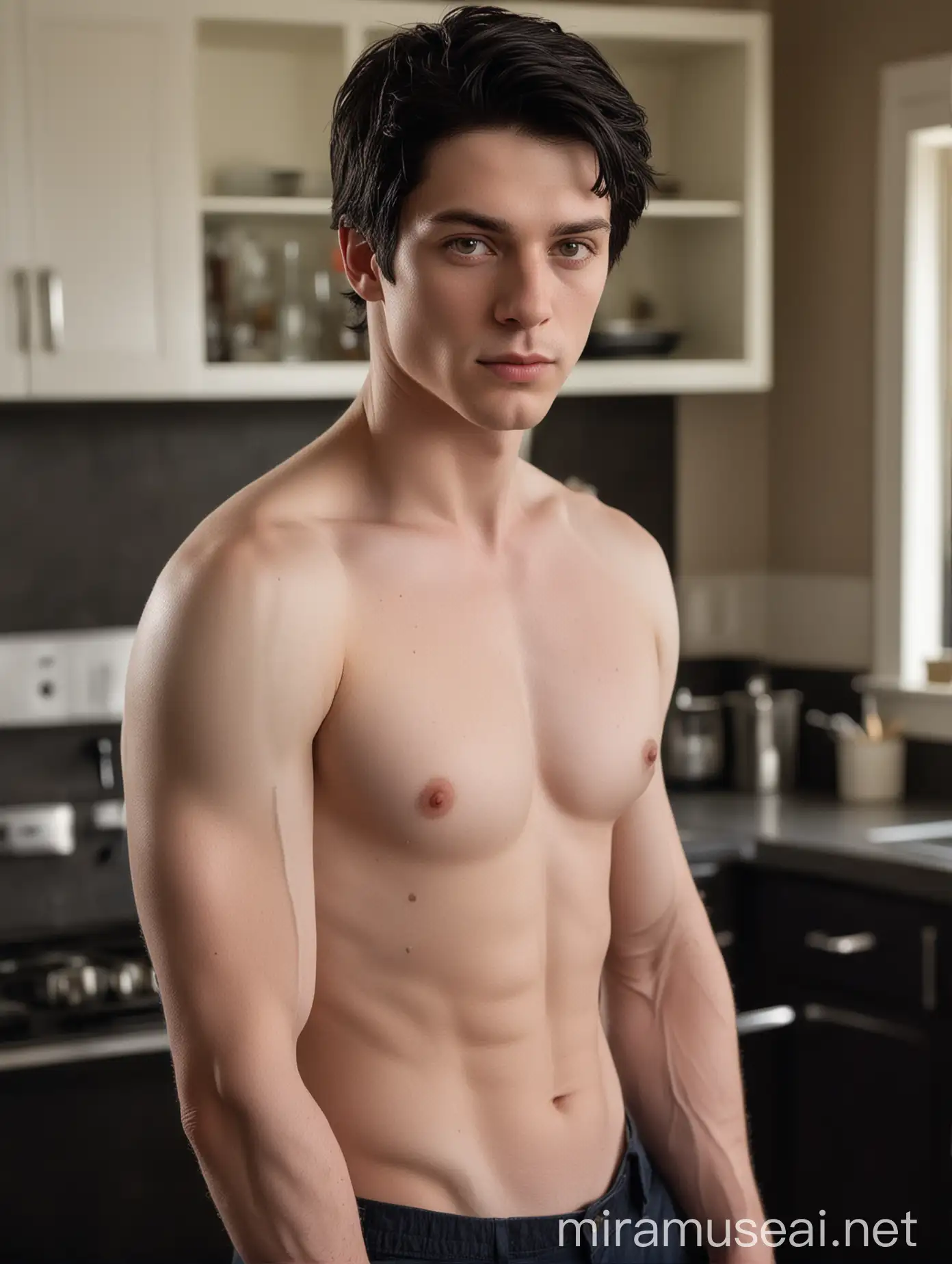 The subject of the portrait is a man with white, pale skin and a flawless physique and athletic body. He’s topless and have short regulation-cut black hair. The image should prominently highlight his brown eyes while ensuring the eye and hair color remain distinct. The background should be a beautiful and dark kitchen.
