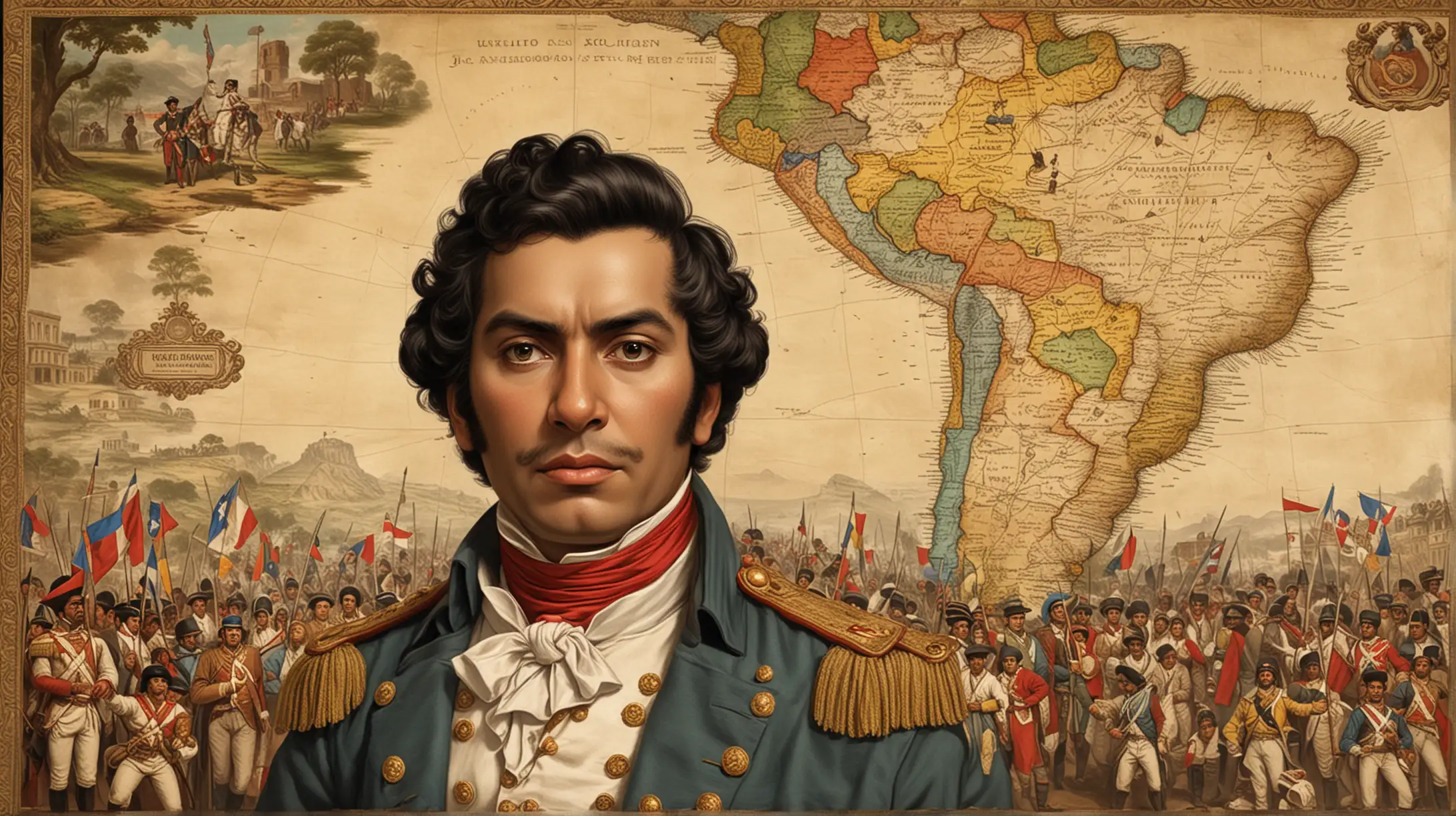 Visualize Bolívar's grand vision coming to fruition with the creation of Gran Colombia:

Image Description: Generate an awe-inspiring scene of Simón Bolívar standing before a map of South America, surrounded by delegates from diverse regions, as he proclaims the birth of Gran Colombia. Bolívar's face exudes determination and hope as he articulates his vision for a united and prosperous nation that will bring freedom and prosperity to its people.
