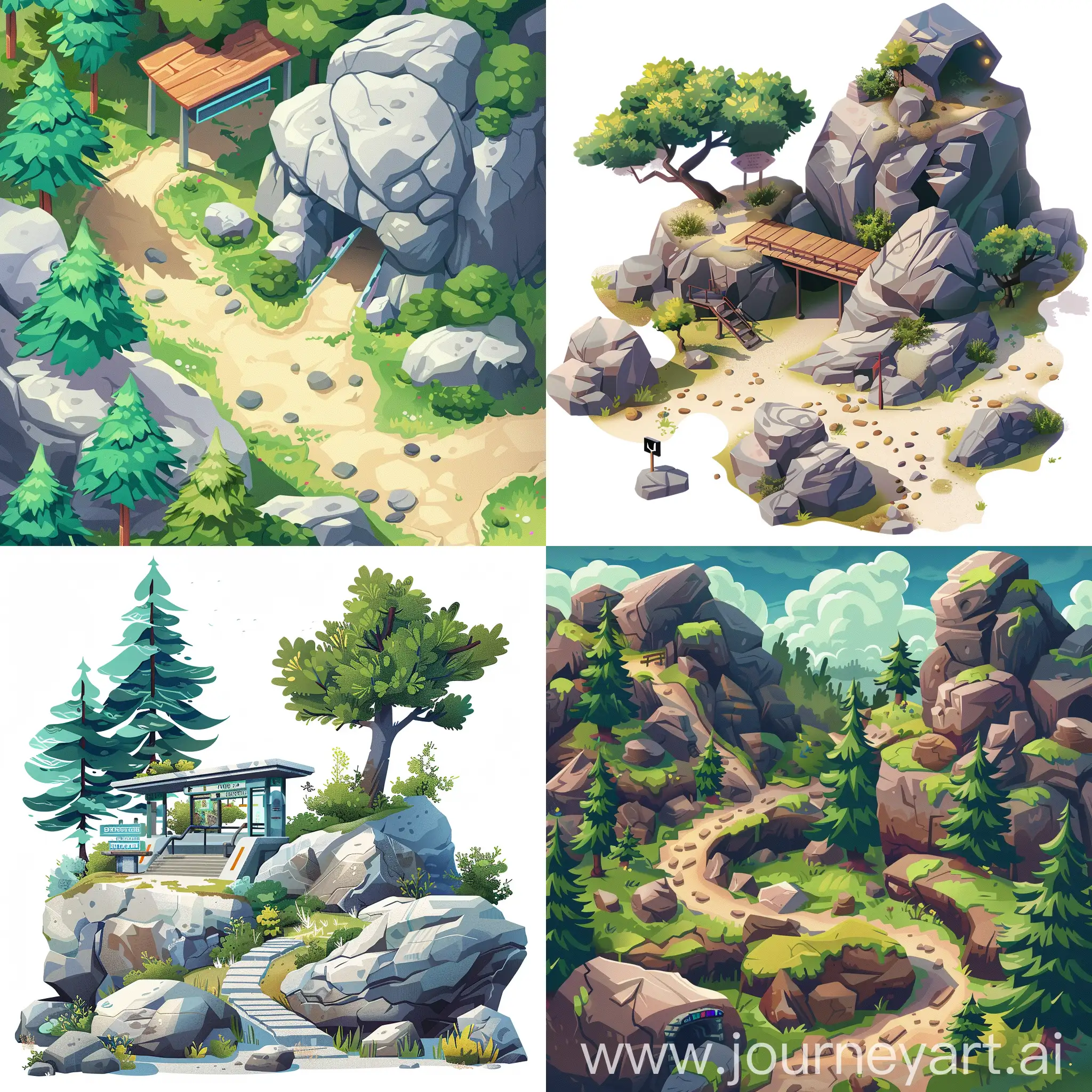 game roadmap illustration, nature, rocks, trees, stations