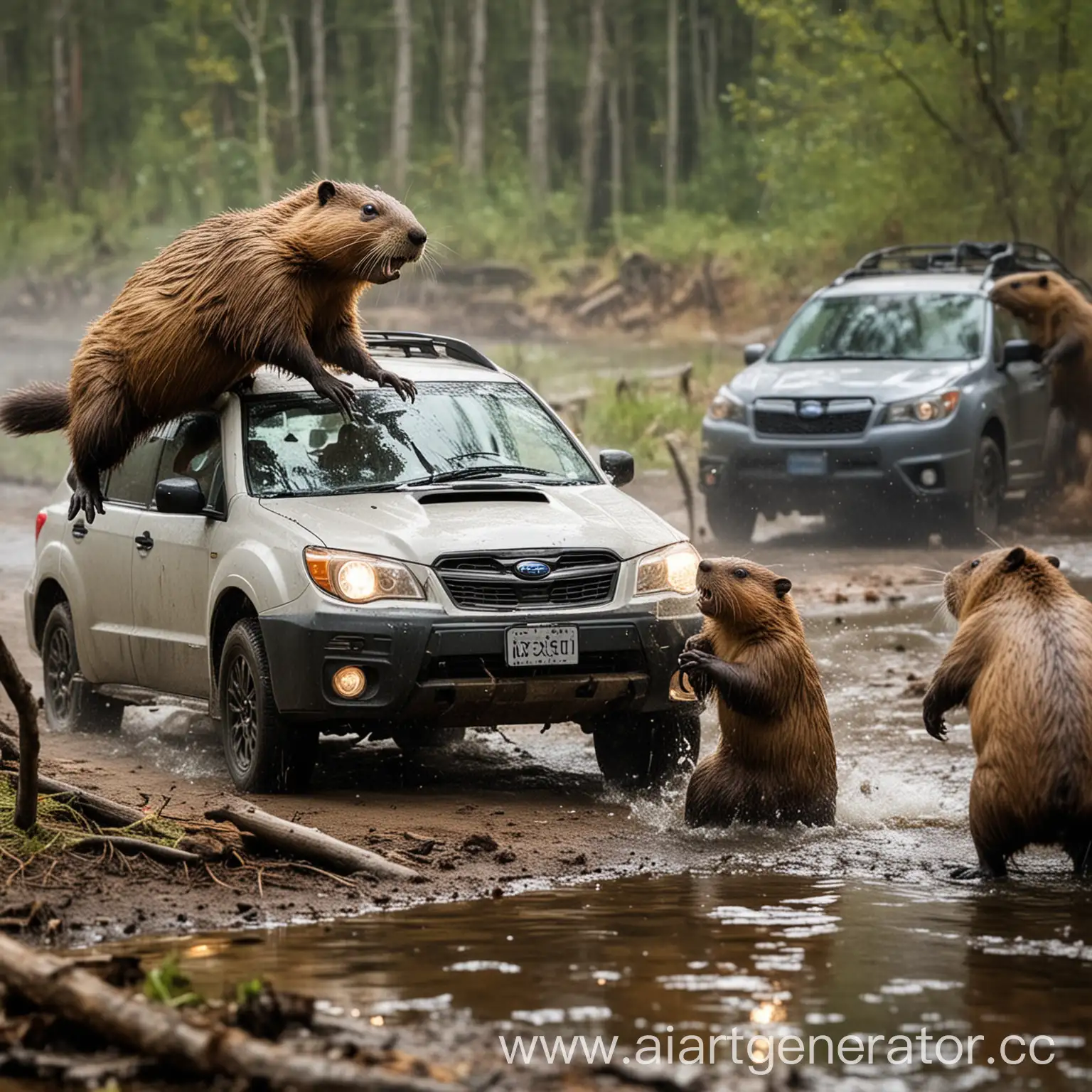 Beavers-Fighting-Human-with-Subaru-Car-in-Background