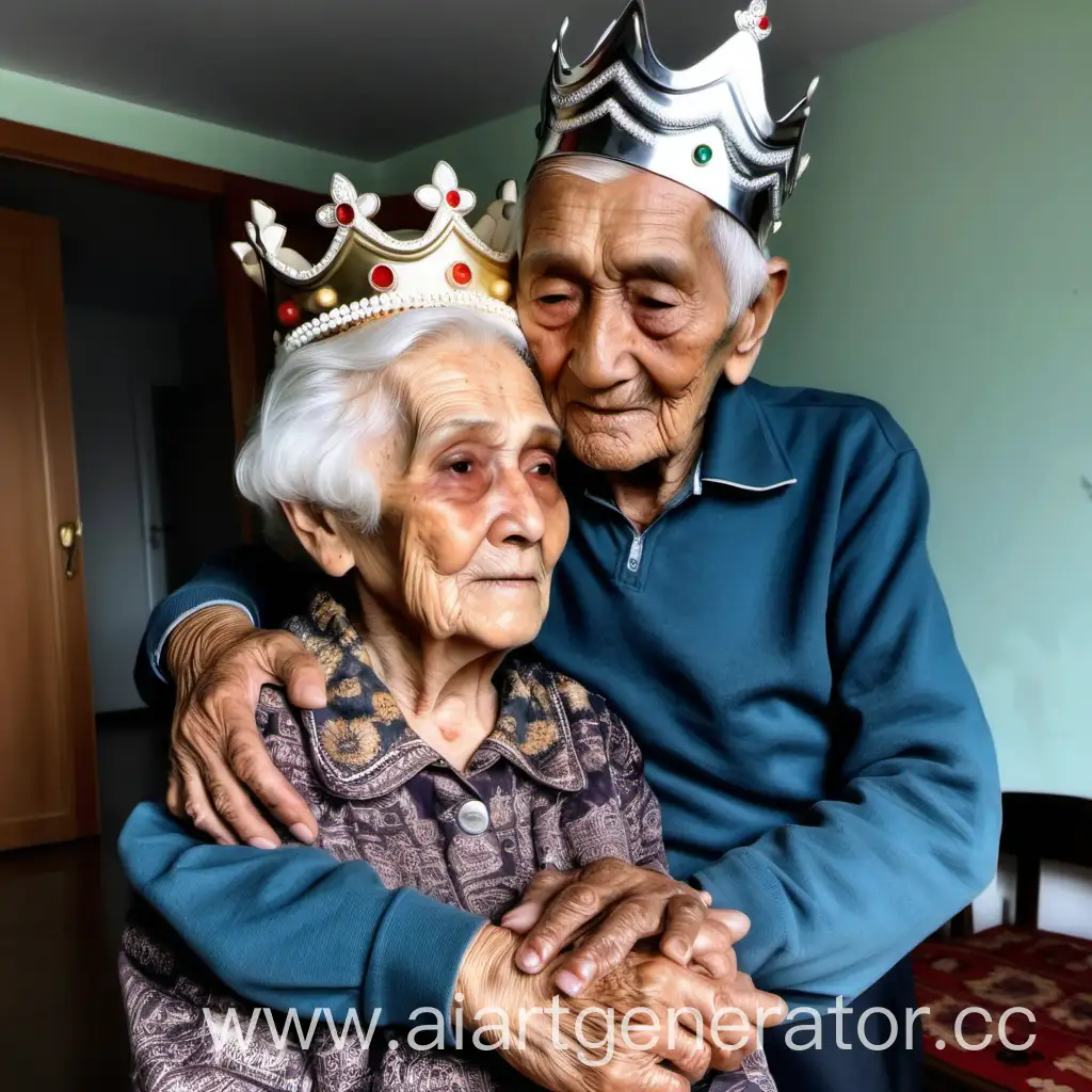 сгенерируй фото где на мою бабушку 35 лет в деревни надевает корону мой дедушка 40 лет из богатой семьи и они обнимают друг друга
