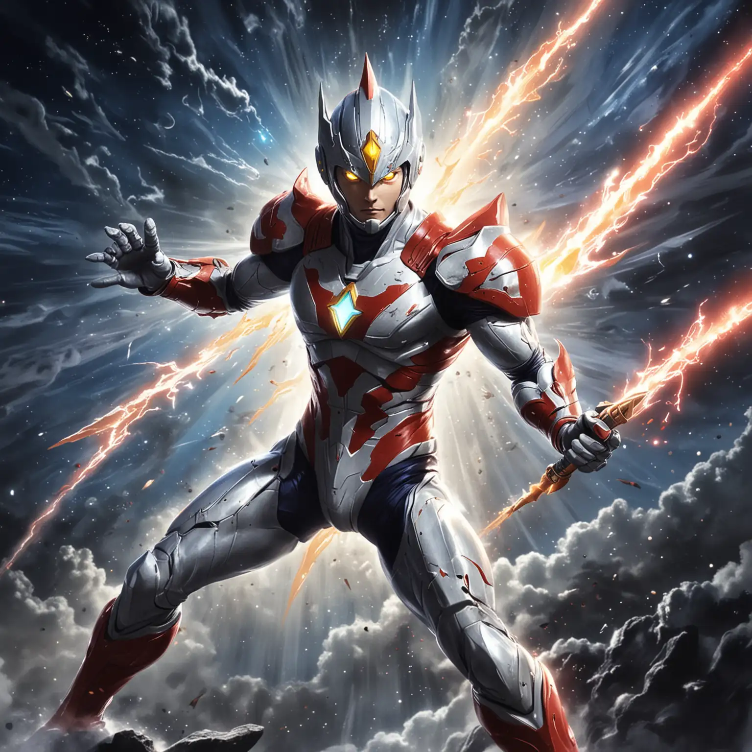 cartoon anime Ultraman wielding trident space lightning