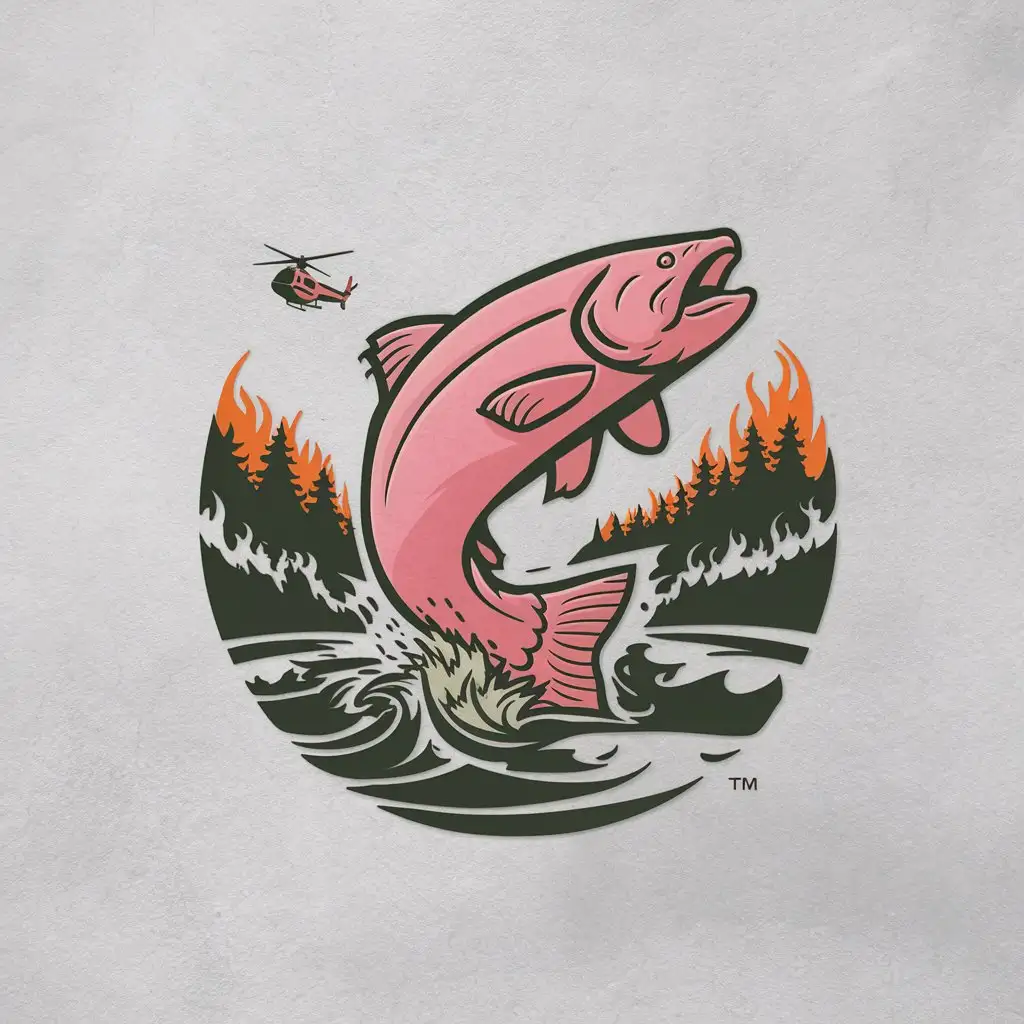 a logo design,with the text 'Little Salmon', main symbol:A largepink salmon jumps out of a river while a forest is on fire along the riverbanks. A helicopter flies in the sky above the forest.watersplashesaroundsalmonstail,Minimalistic,clear backgroundBiggerhelicopterorangeflames