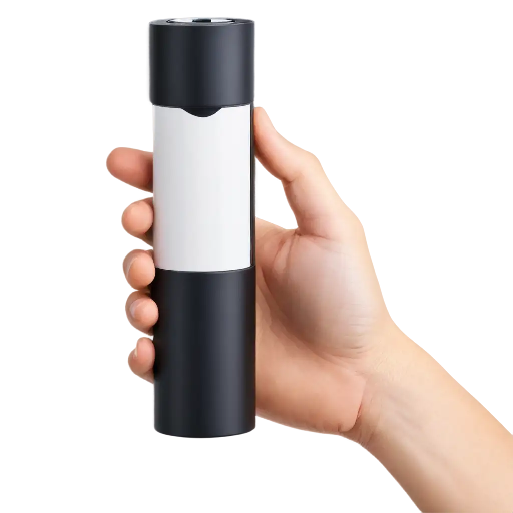 A minimalist and modern showing a hand holding a sleek, white, and small 
black cylindrical device with a small display window. The device is positioned vertically with the hand holding it naturally, showcasing its ergonomic design.