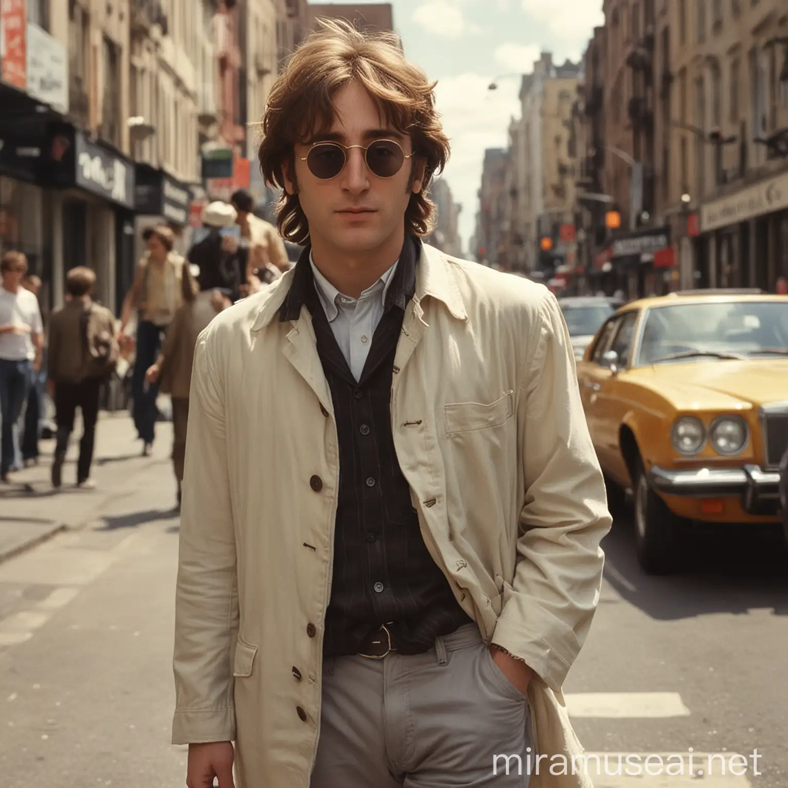 Young John Lennon today, John Lennon walking down the city streets, John wearing todays fashion, sunny outside, realistic, camera focused 