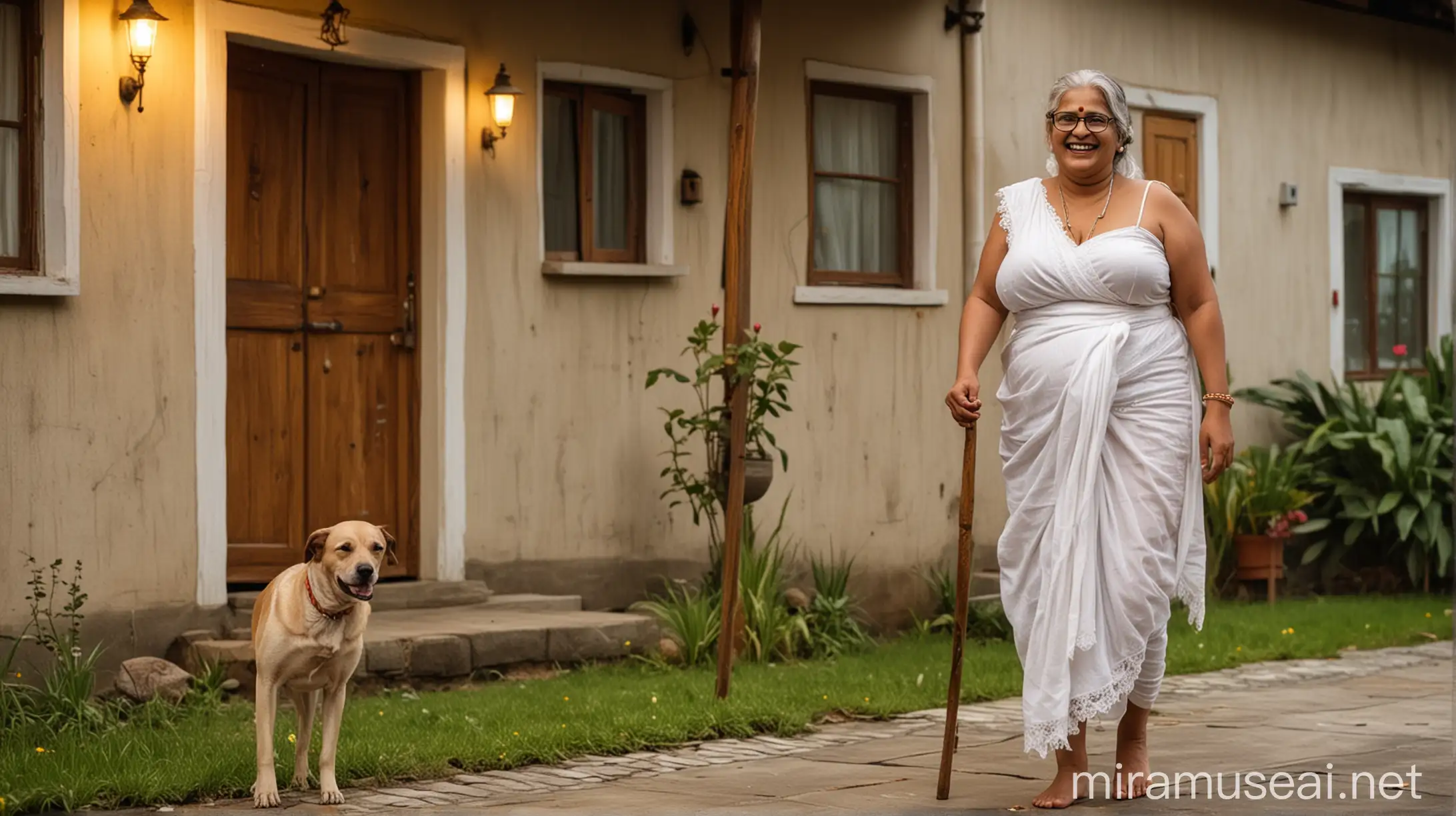 
sweet faced old desi  very curvy  fat   woman  with big breasts with tick hair binding on head and big belly walking with one  wooden walking stick wearing   only a white towel  on her body  and a golden neck lace and a spectacles. she is happy and laughing . she is  standing with her dog  . its night  time and in background there is a luxurious farm house  with bulb light and luxurious house   with flowers and grass and concrete floor and it is raining . she is wearing golden sleepers on feet.
