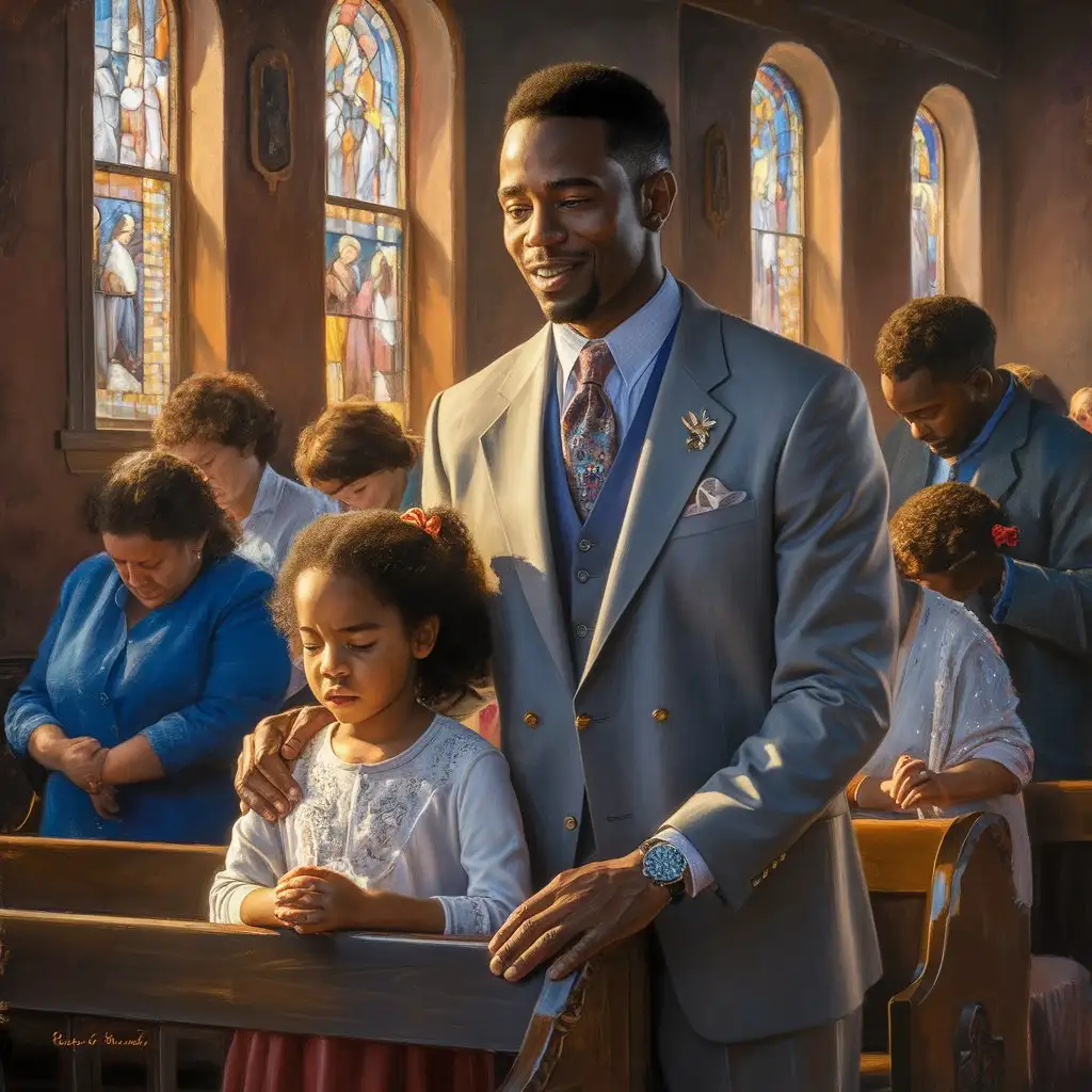 Create an image of an oil painting of a African-American father in suite and tie and his daughter praying in church