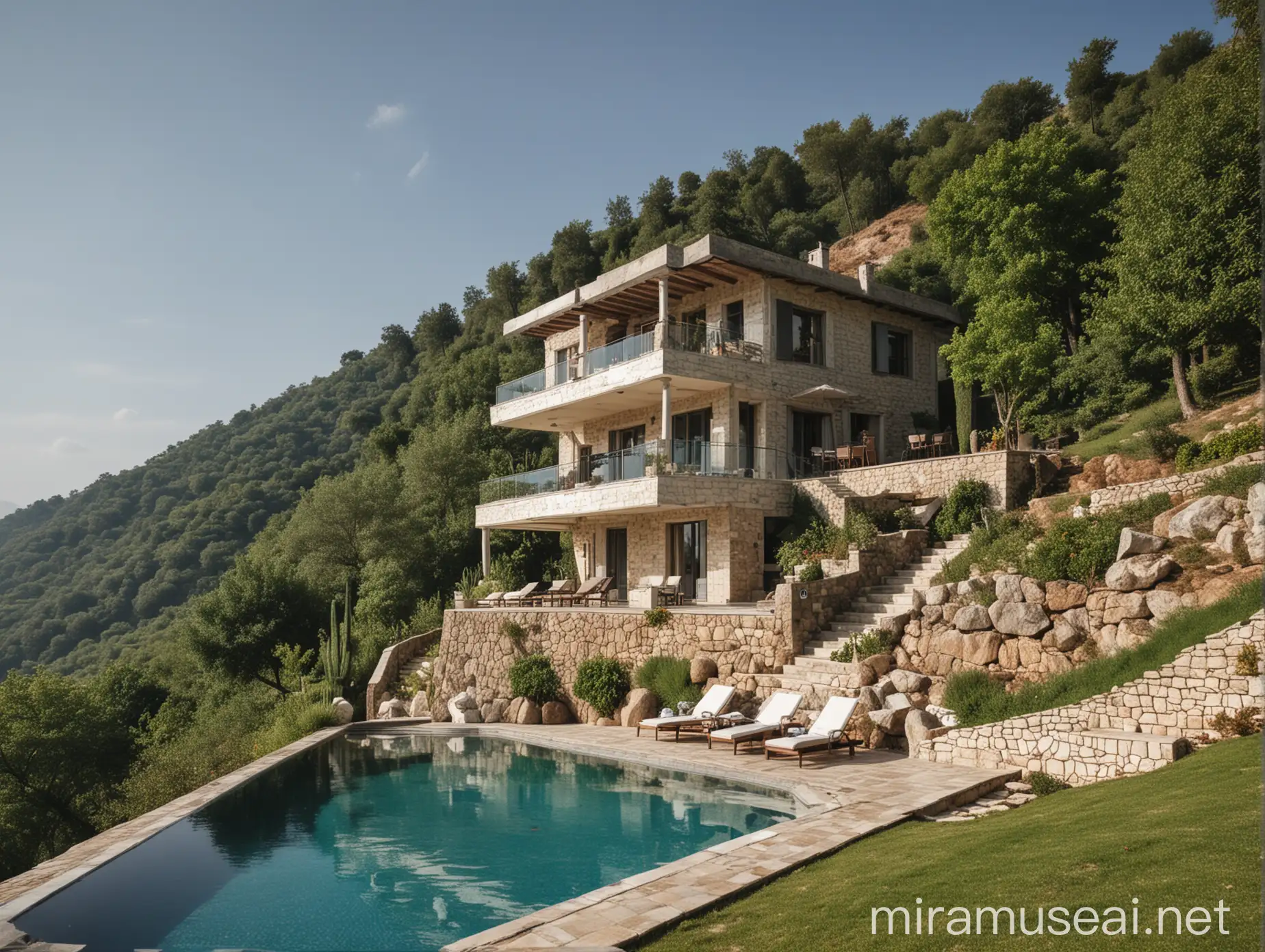 A villa with a hill side swimming pool
