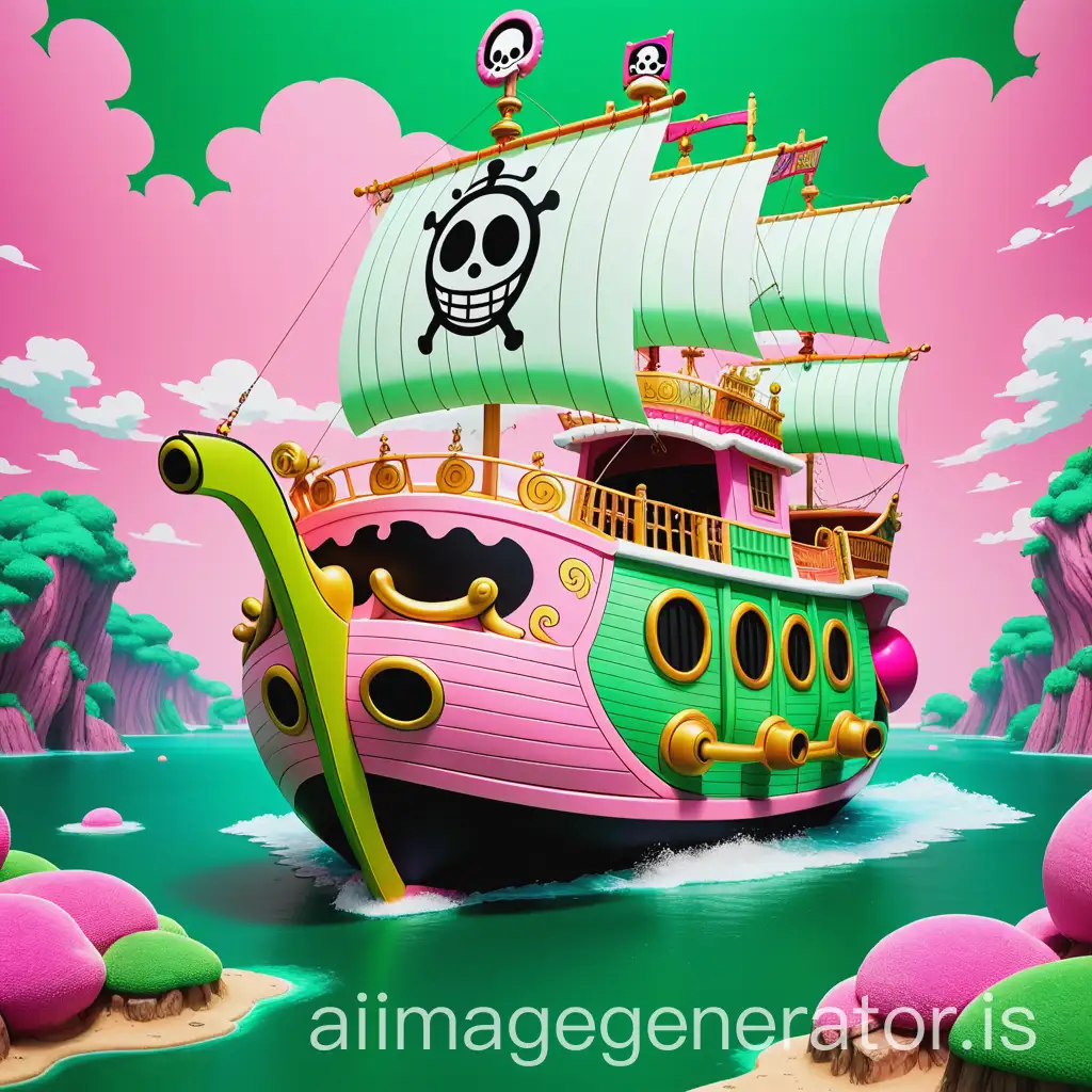 An open space embodying the style of The Thousand Sunny boat from onepiece, pink and green background