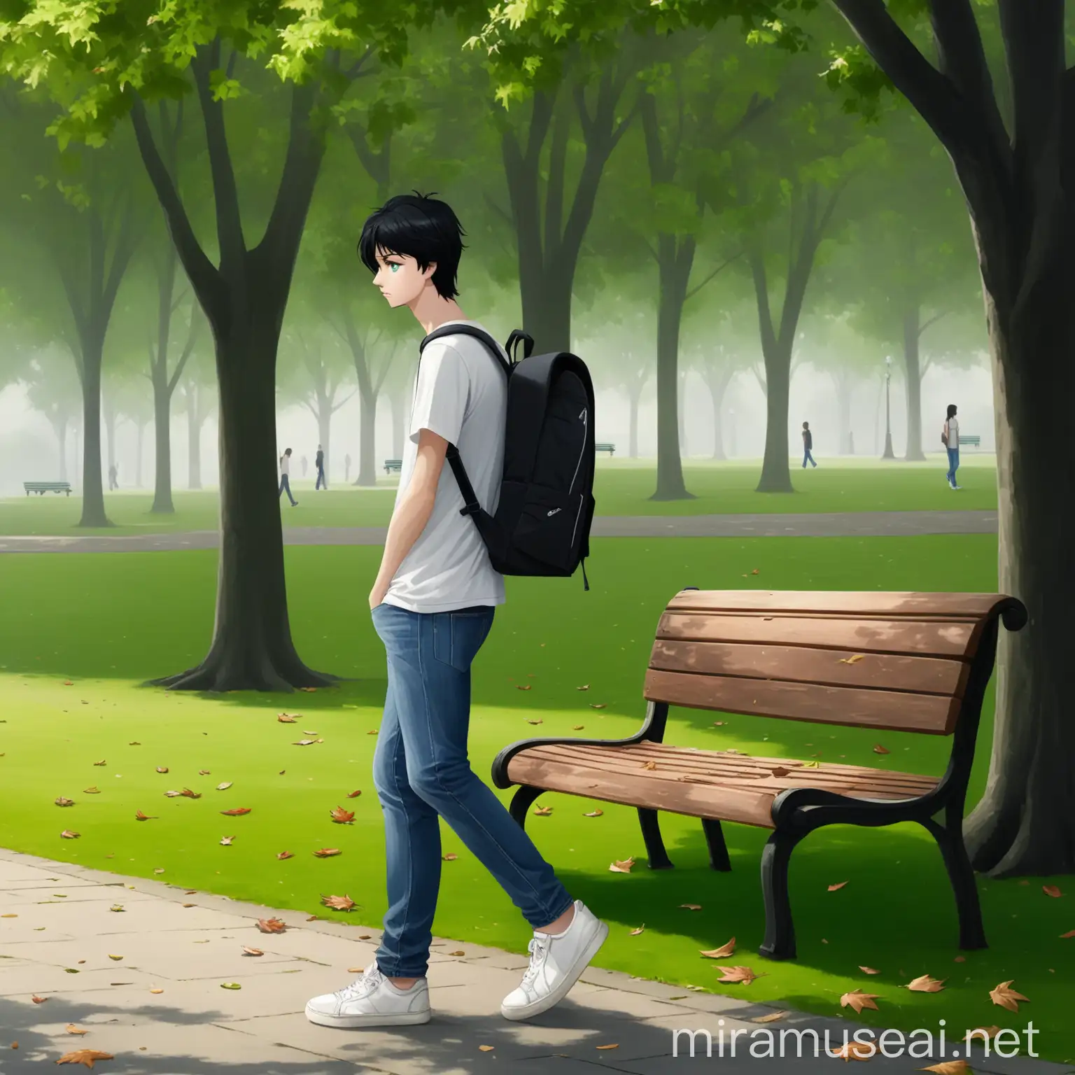 Wide shot, Eighteen, tall, slim, black hair, green eyes, white t-shirt, jeans, sneakers, backpack, thoughtful expression, walking, green park, afternoon, overcast sky, gentle breeze, lush trees, distant bench, calm atmosphere, fallen leaves
