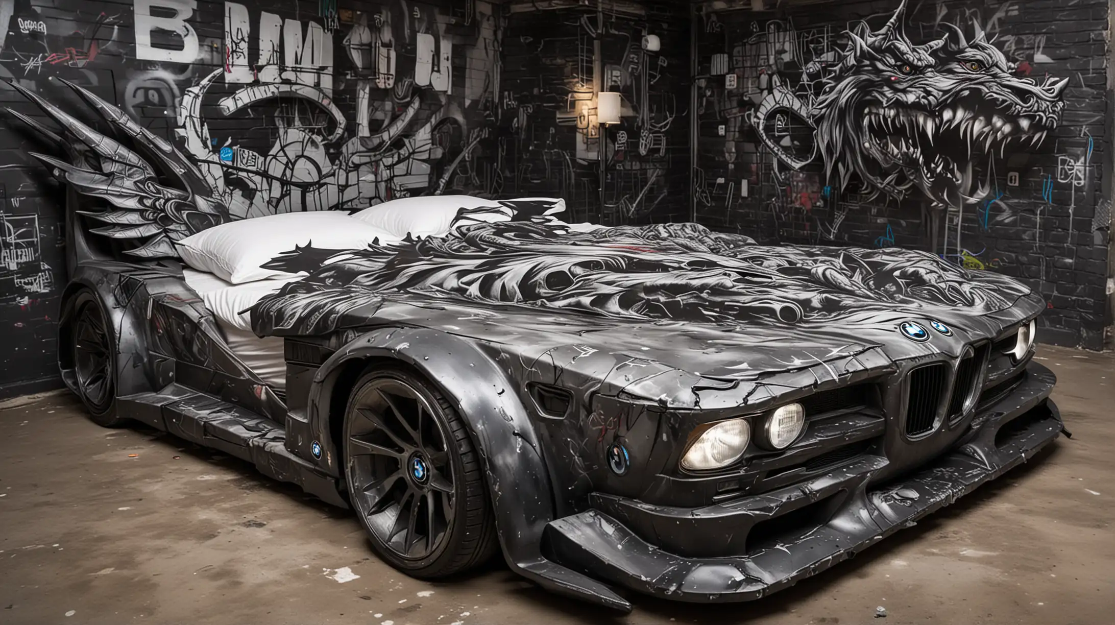 BMW Car Shaped Double Bed with Evil Dragon Graffiti