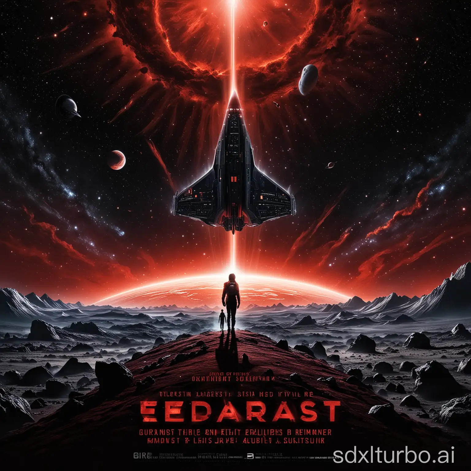 In the deep expanse of the universe, the poster displays the striking title of "Red Dust Light" in the center, with a modern and science fiction font. Dr. Elia and her brother Moyuan stand in front of the silhouette of a streamlined interstellar spaceship, their figures appearing brave and resolute in the reflection of starlight. Around the spaceship, scattered red stardust particles seem to be the dust of the universe telling unknown secrets. Beams of light extend from the rear of the spaceship, suggesting a huge cosmic rift, adding a touch of mystery and urgency. In one corner of the poster, a small black cat named "September" sits quietly, adding a touch of warmth to this technologically rich scene. The entire poster is dominated by red and black tones, creating a warm and mysterious atmosphere, attracting viewers to explore this story about interstellar exploration, family ties, and the unknown universe.