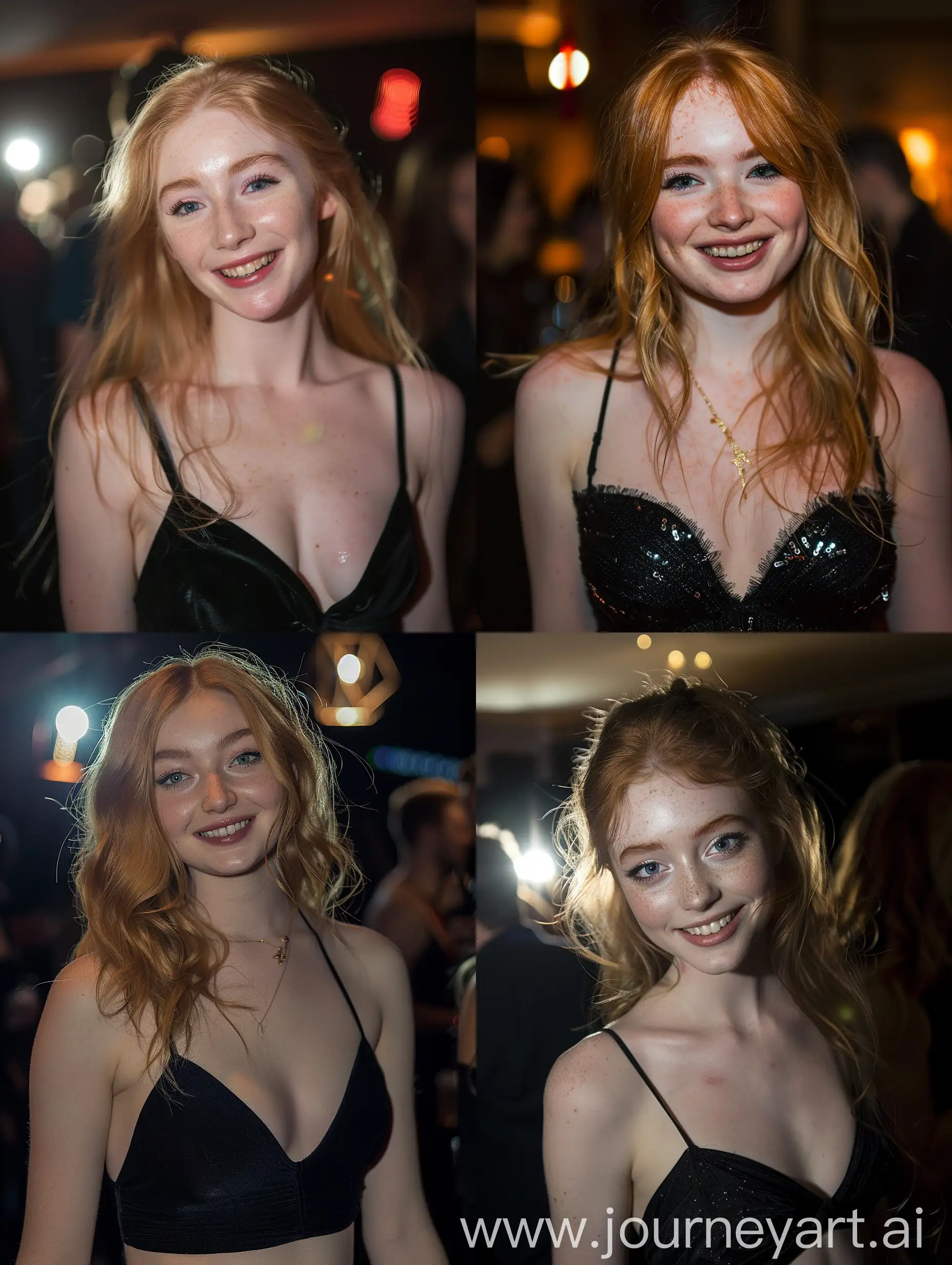 redhead scottish girl, 19 years old, blond hair, at the party, at night, flash, flash light, , makeup, beauty, black dress, fitness, smilling