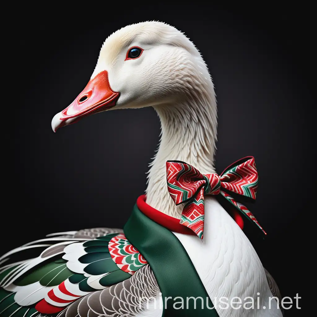 The majestic goose stands proudly. Her neck is decorated with a delicate bow. The elegant goose is dressed in a stunning women's green and red jacket decorated with patterns, exuding grace and sophistication. Its white feathers contrast beautifully with the dark background, creating a striking visual effect.
