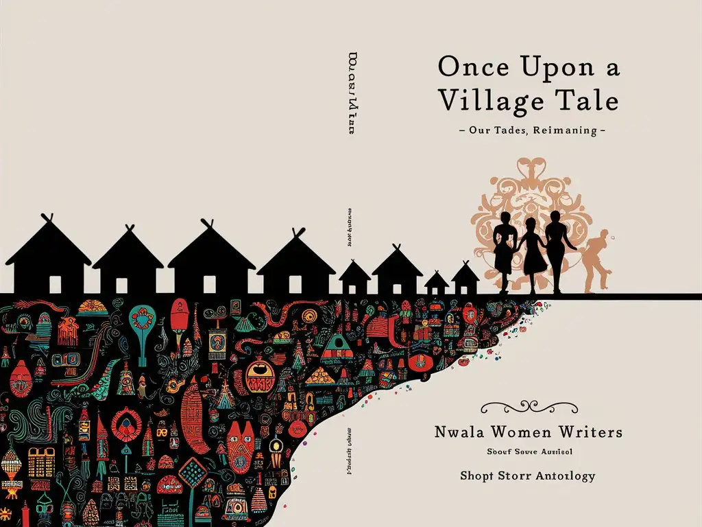 minimalistic design, full book cover, African mythology and folklore, showcasing pencil drawing of african village with huts infused with mythology in colour, and african symbolic elements Flowing out of the bottom rising to the top in full colour. african women silhouette infused, Title 'Once Upon A Village Tale' Author "Nwala Women Writers" subtitle "Our Tales, Reimagined" notes on cover 'Short Story Anthology'