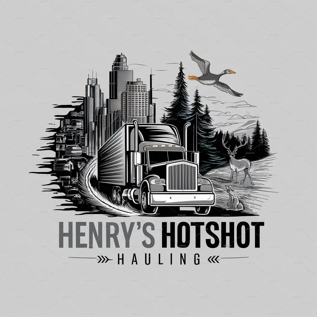  A logo design, with the text "Henry’s” “Hotshot Hauling", main symbol: Henry's Hotshot hauling A semi truck rips through two contrasting scapes, on one side is a large city and on the other is a calm and serene natural landscape with a deer, rabbit and a flying duck, suitable for use in the Trucking industry, clear background

(The input does not appear to be in any language other than English, so no translation was necessary.)