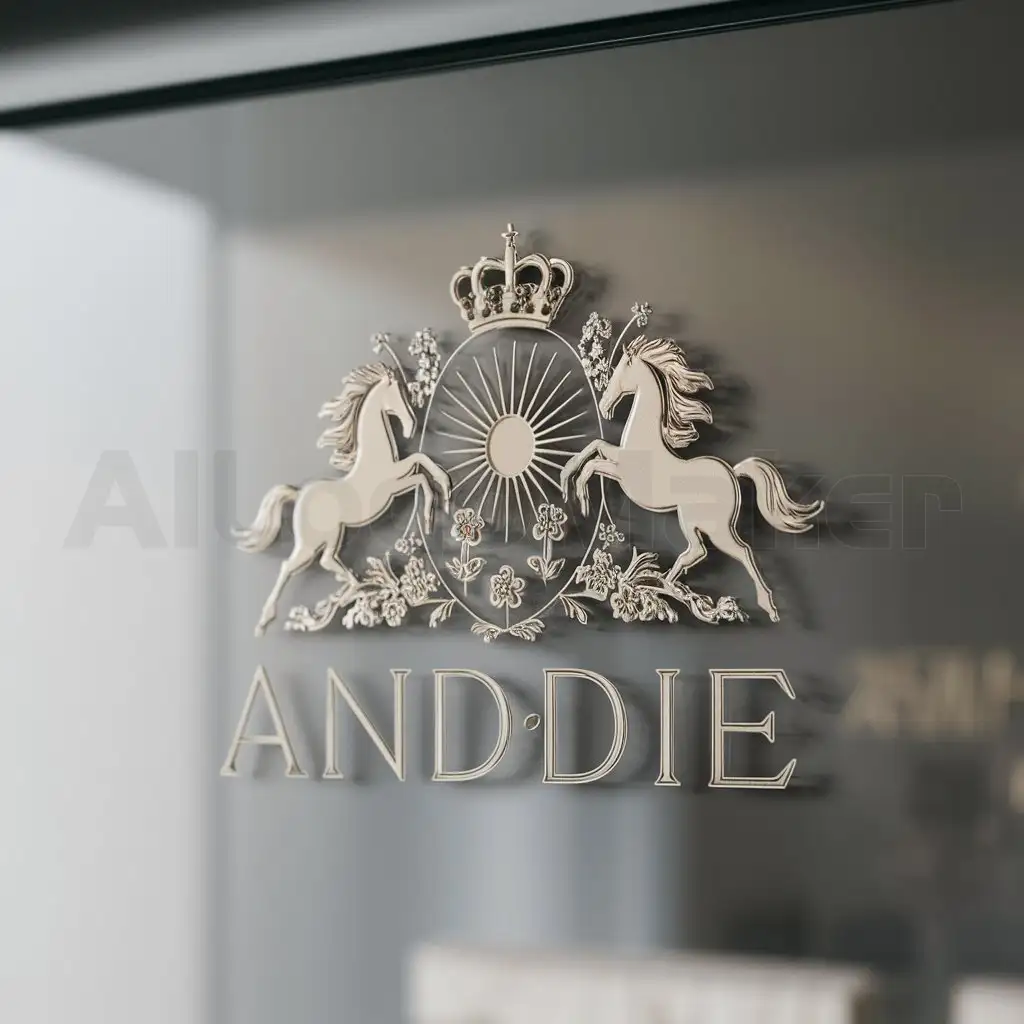 a logo design,with the text "anddie", main symbol:logo in the shape of a coat of arms with representations of: sun, horses, flowers, a crown. filigree, black and white,Minimalistic,be used in Retail industry,clear background